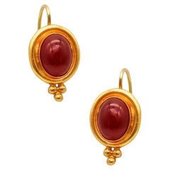 Vintage Temple St Claire French Dangle Earrings In 22Kt Yellow Gold With Oval Carnelians