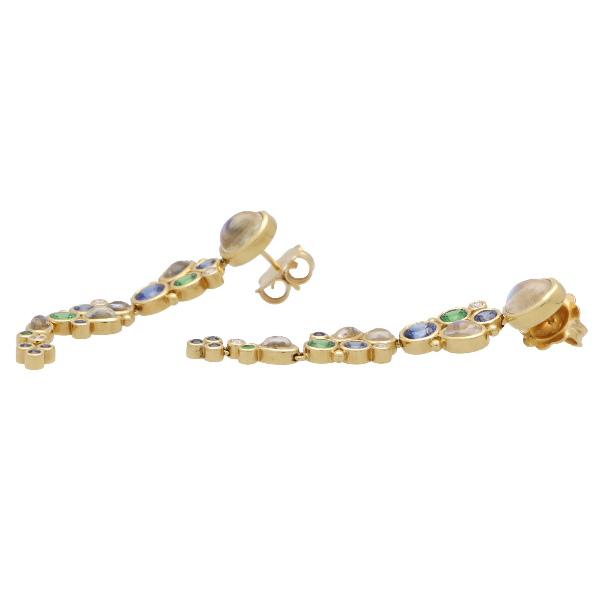 Modern Temple St.Clair Moonstone, Sapphire, Tsavorite Garnet and Diamond Earrings For Sale