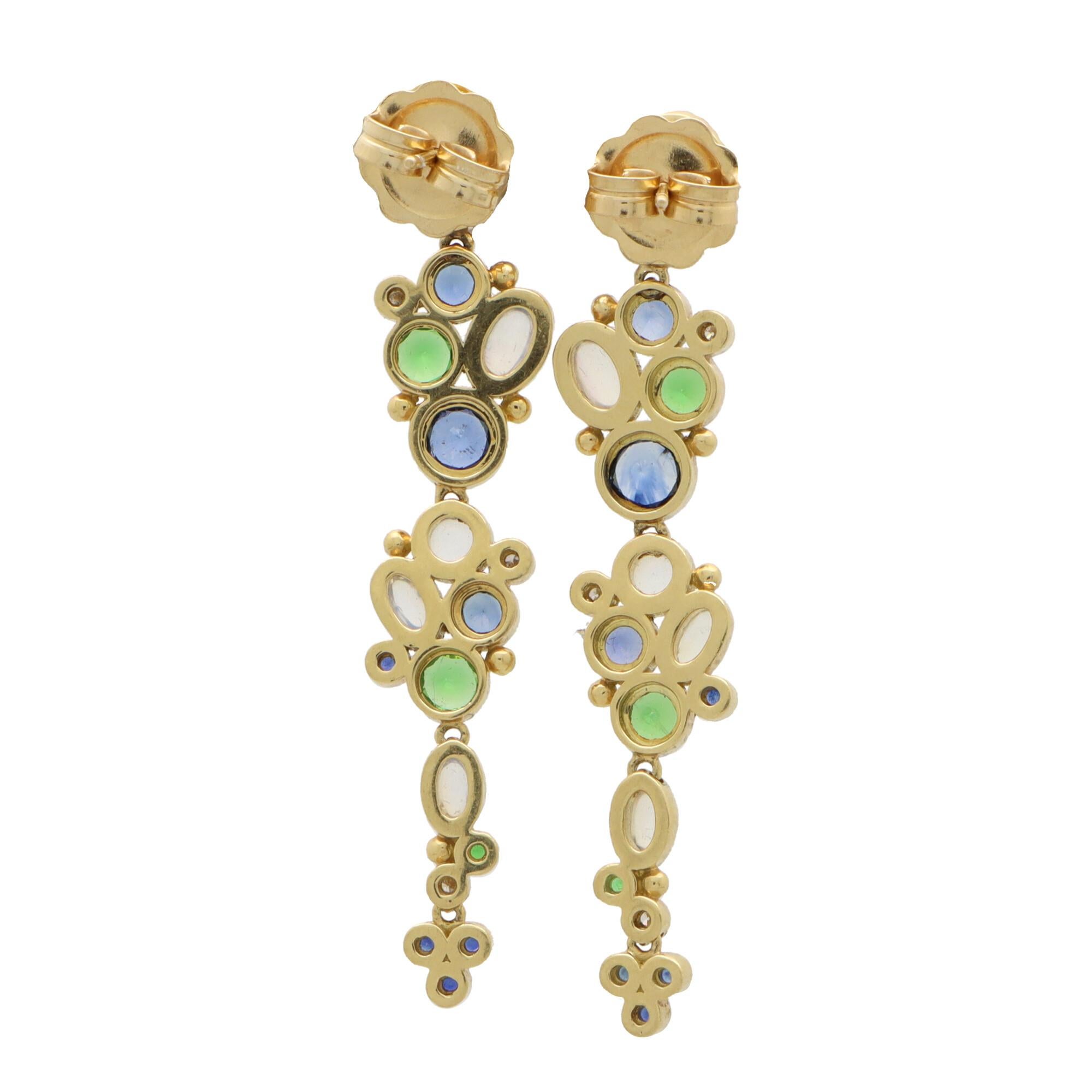 Round Cut Temple St.Clair Moonstone, Sapphire, Tsavorite Garnet and Diamond Earrings For Sale