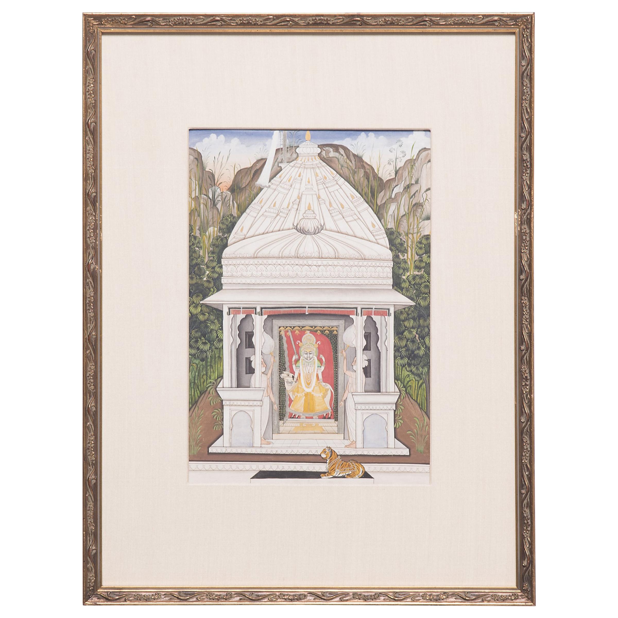 "Temple with Tiger" 19th Century Indian Mughal Miniature Painting