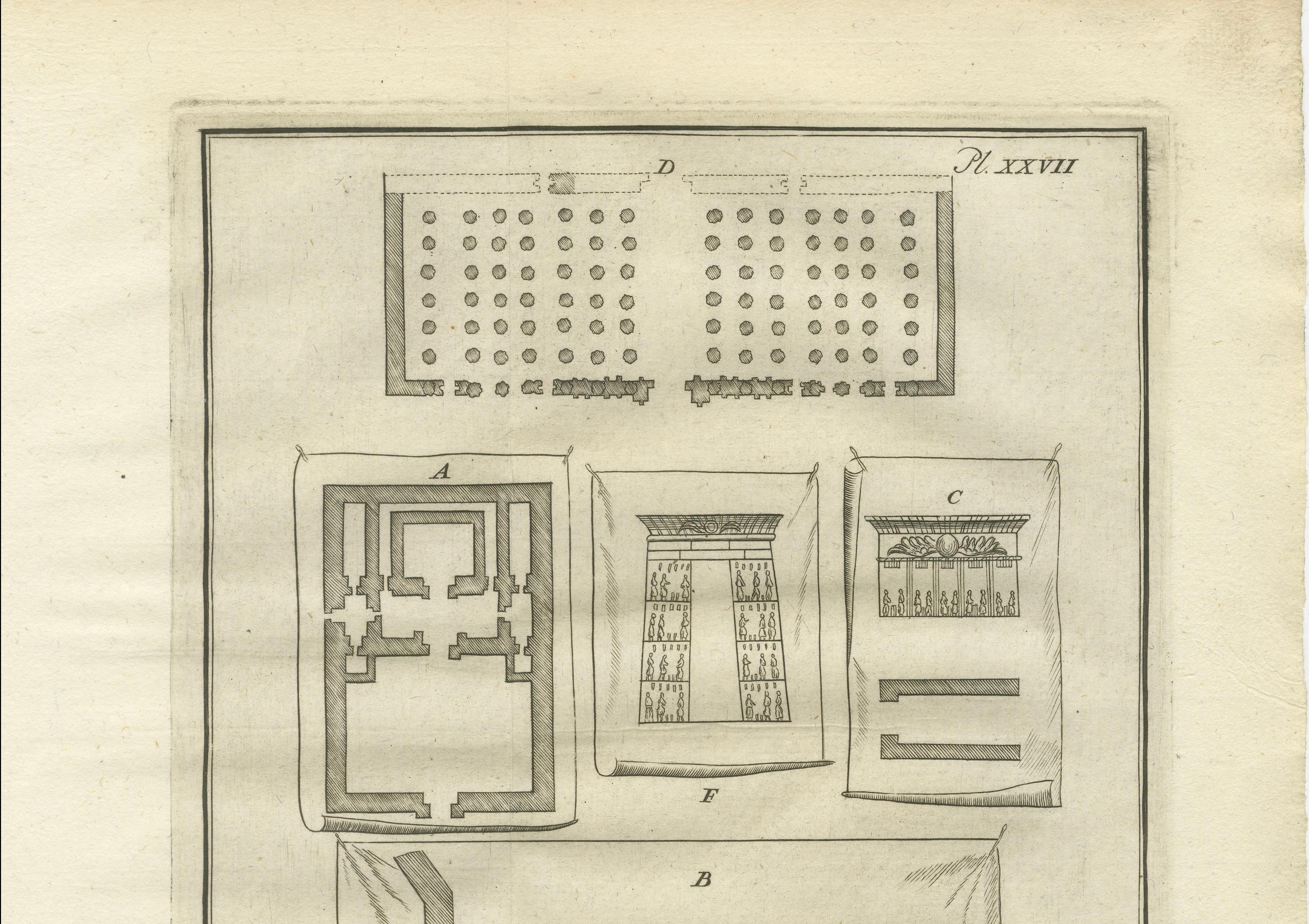 Titre : Temples d'El-Khuz et de Karnak avec salles à colonnes et portails - Égypte 1776

Description :
Cette gravure architecturale de 1776 présente les plans et les élévations de plusieurs temples de l'Égypte ancienne, notamment les temples