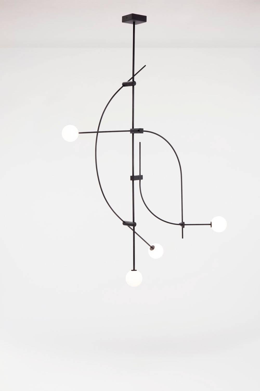 American 6' Tall Tempo Chandelier in Matte Black with Handblown Glass Globes For Sale