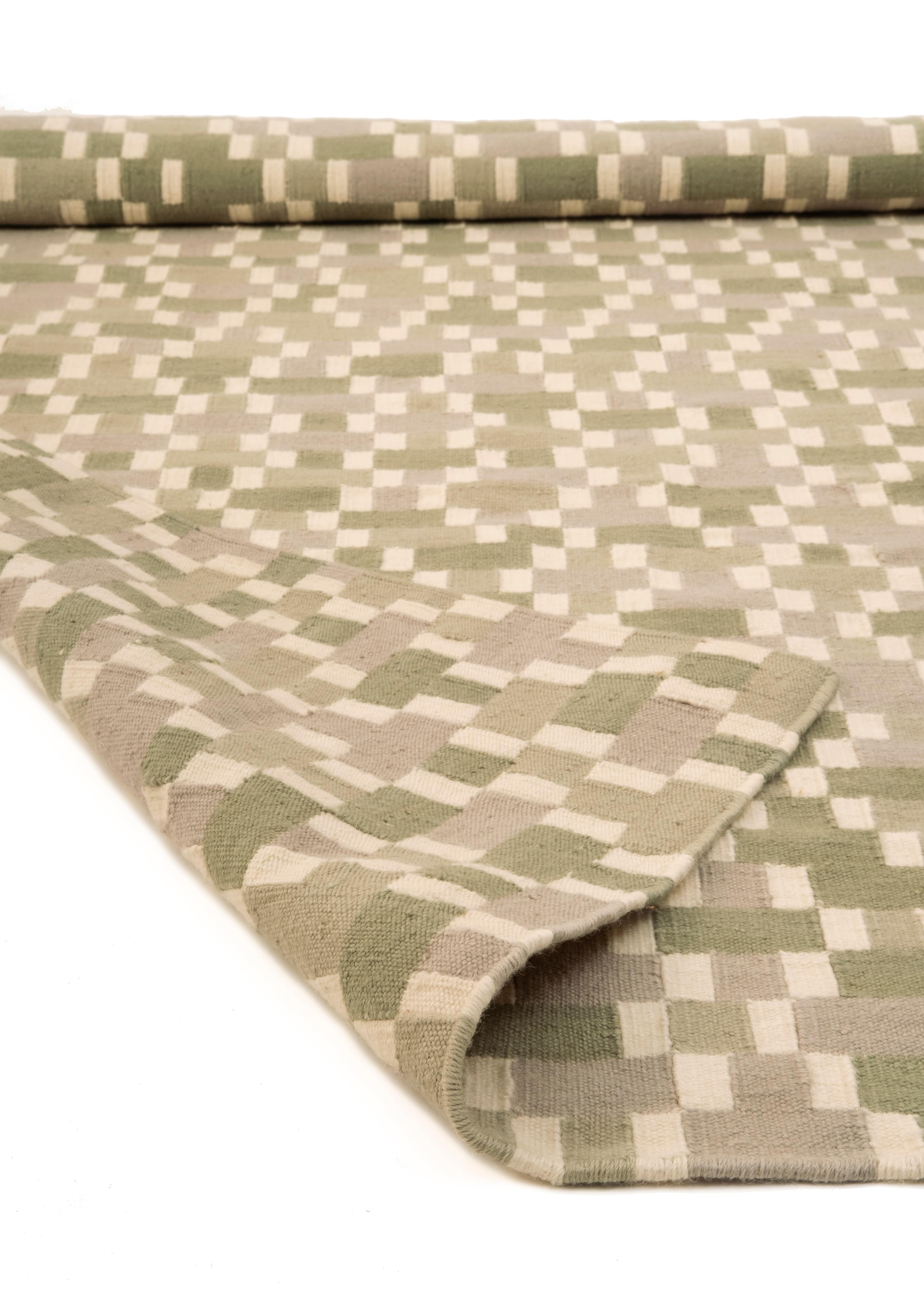 Tempo Cinque - Grün - Design Sommer Kelim Teppich Wolle Baumwolle Teppich handgewebt flach (Handgewebt) im Angebot