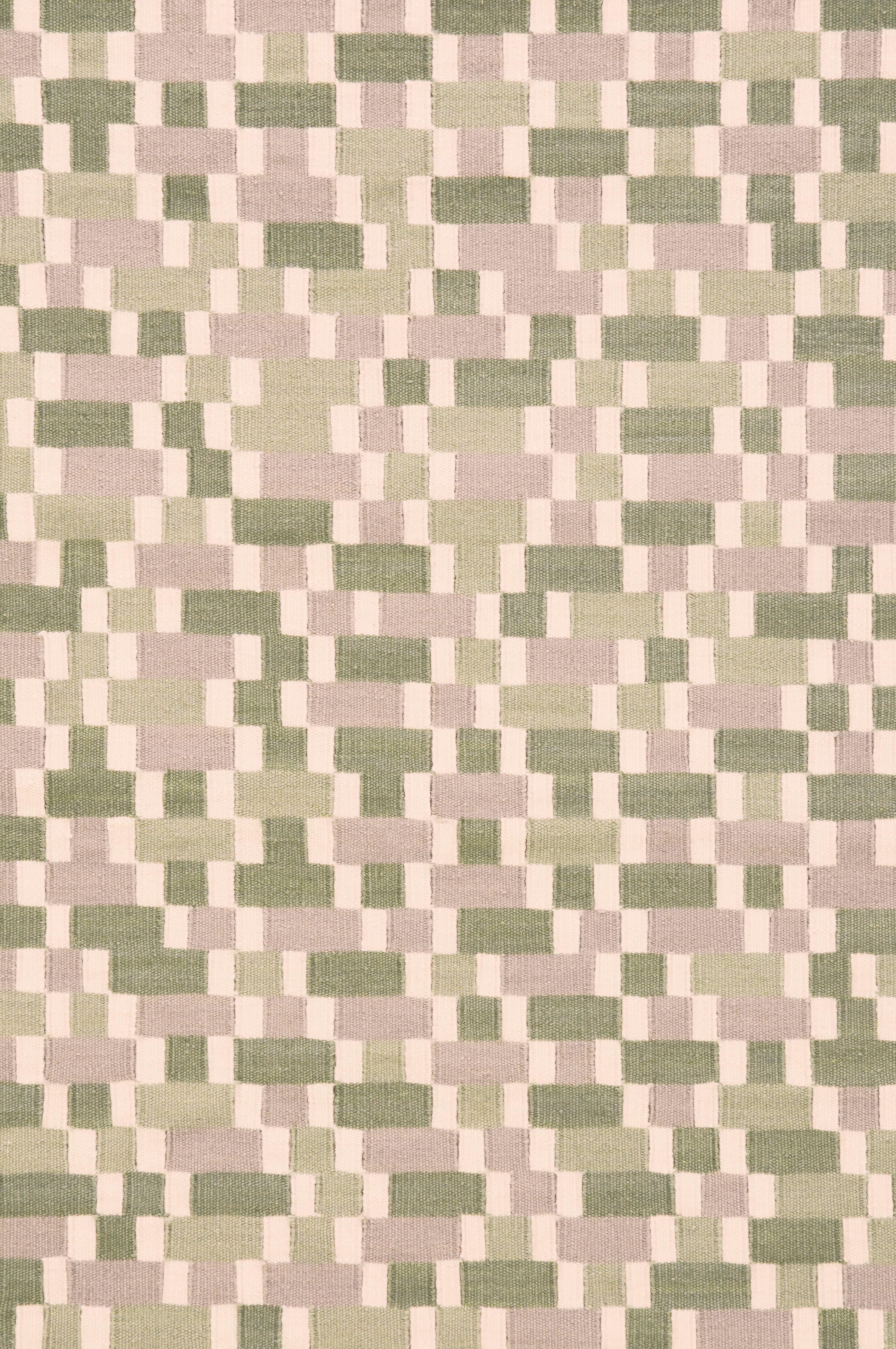 Tempo Cinque - Grün - Design Sommer Kelim Teppich Wolle Baumwolle Teppich handgewebt flach im Zustand „Neu“ im Angebot in MILANO, ML