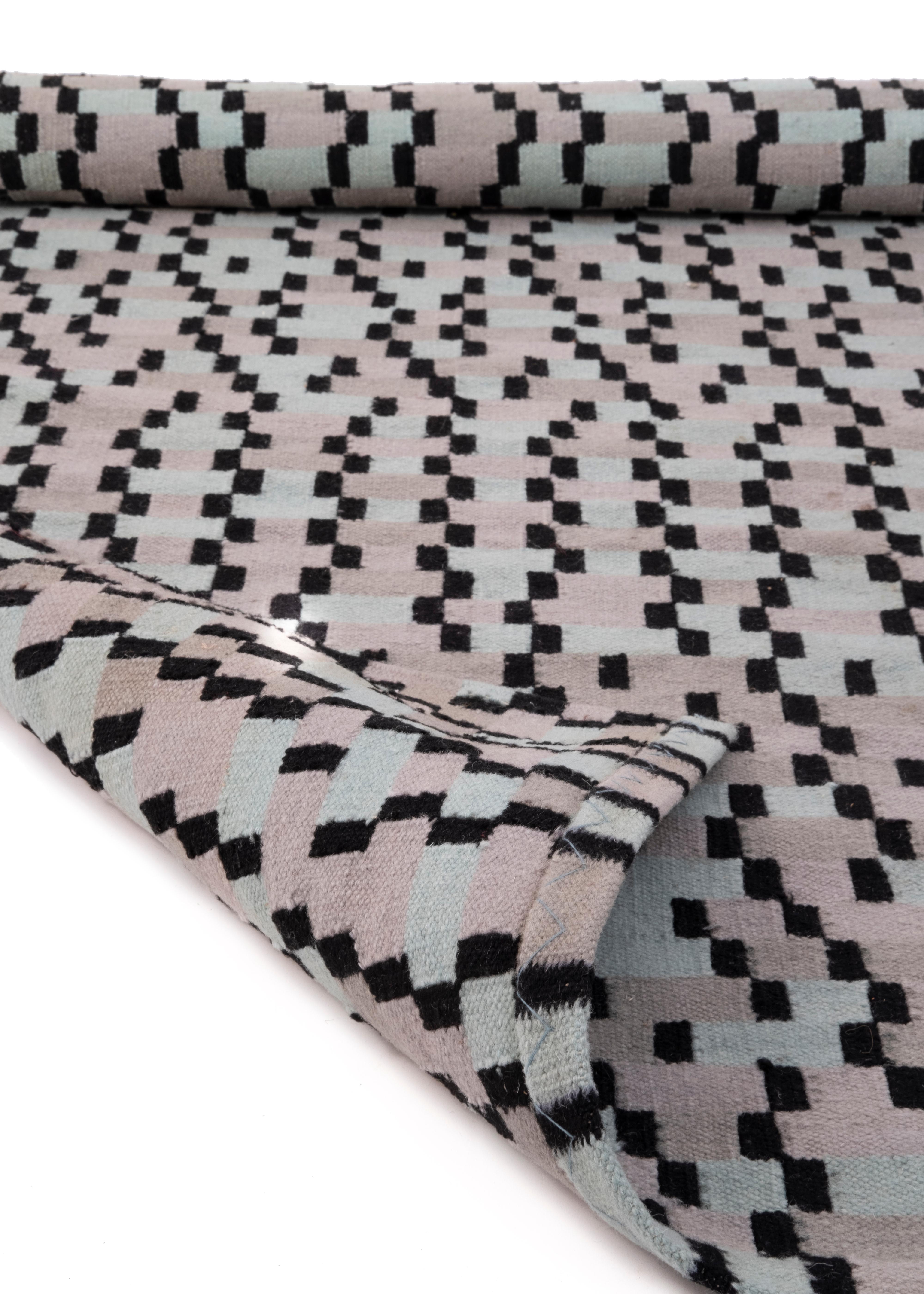 Tempo Cinque - Türkis - Design Sommer Kelim Teppich Wolle Baumwolle Teppich handgewebt (Handgewebt) im Angebot