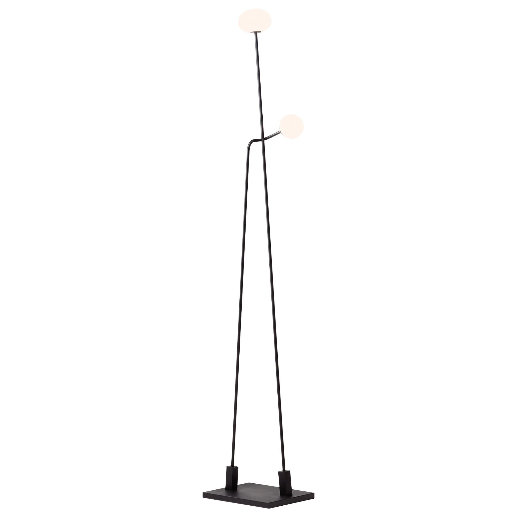 Tempo Floor Lamp in Blackened or Raw Brass with Handblown Opal White Sandblasted