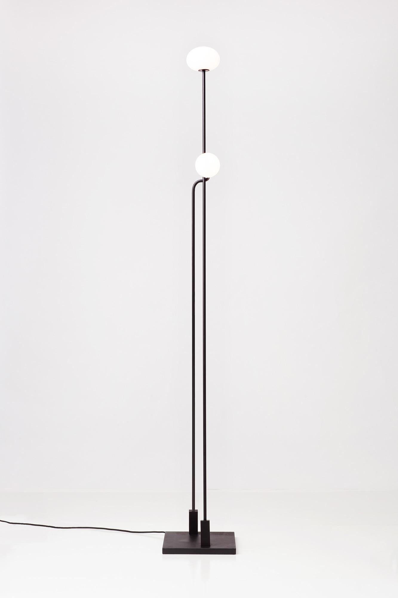 American Available Now Tempo Floor Lamp in Brass with Opal White Sandblasted Glass