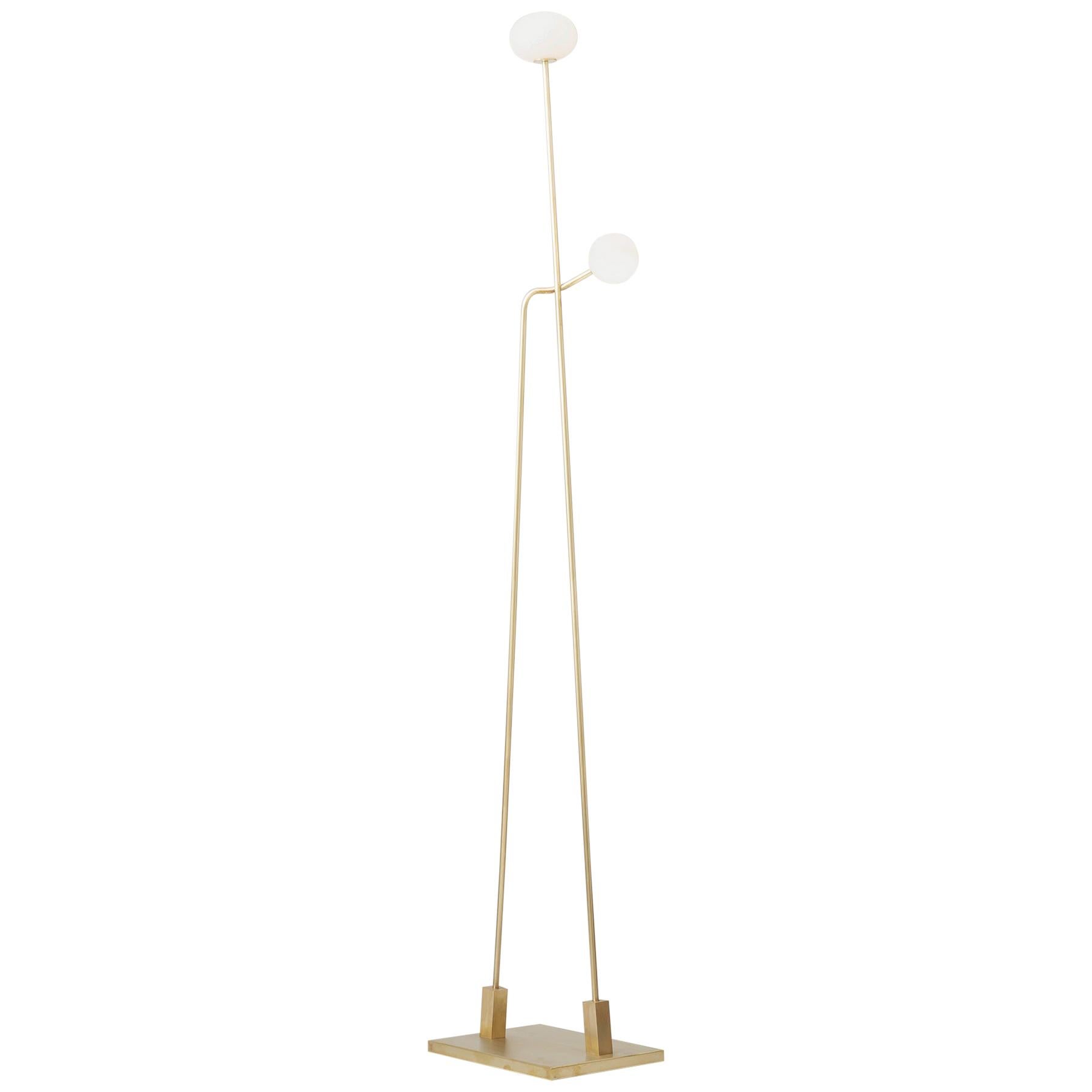 Available Now Tempo Floor Lamp in Brass with Opal White Sandblasted Glass