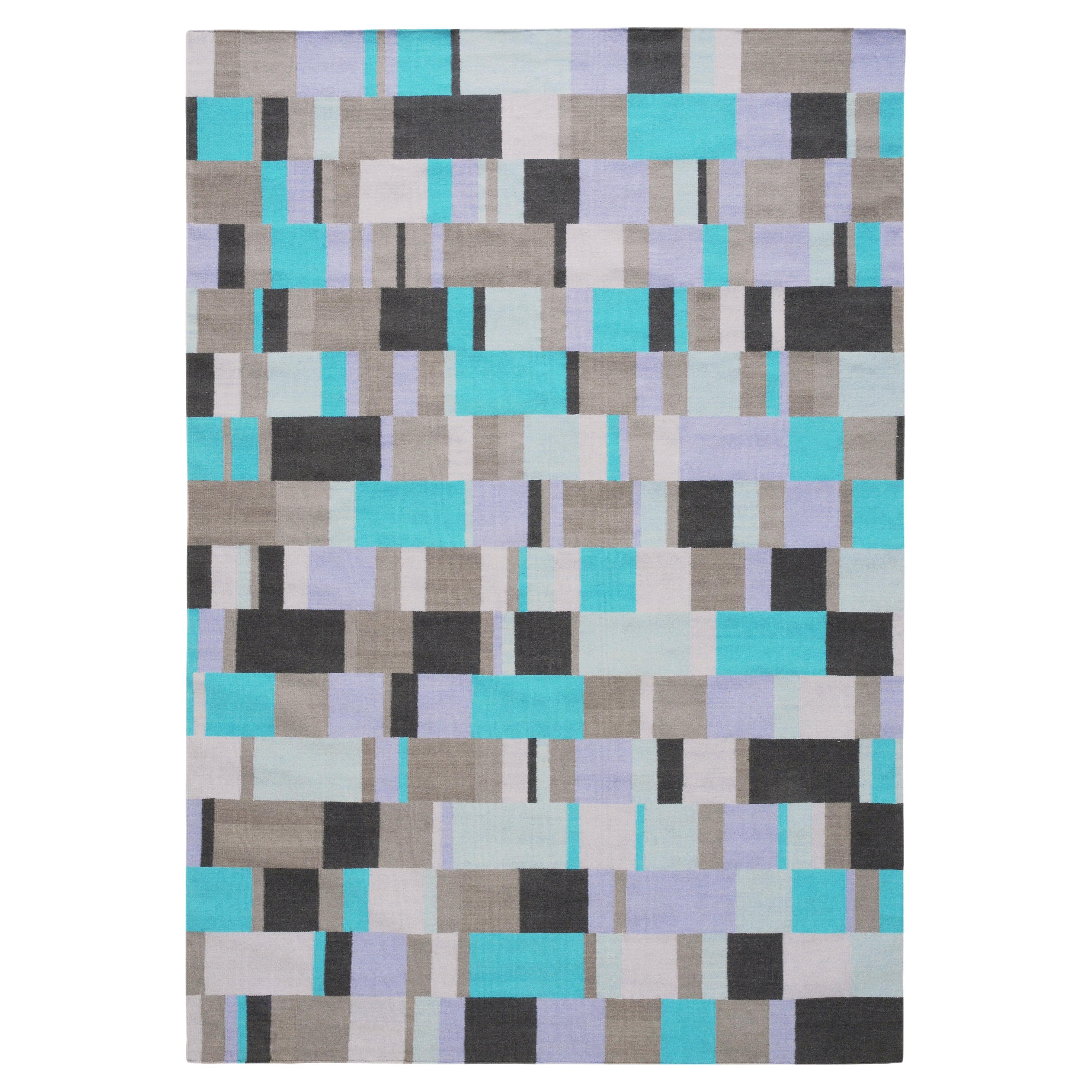 Tempo Sette - Blue - Design Summer Kilim Rug Contemporary Carpet Wool Cotton For Sale