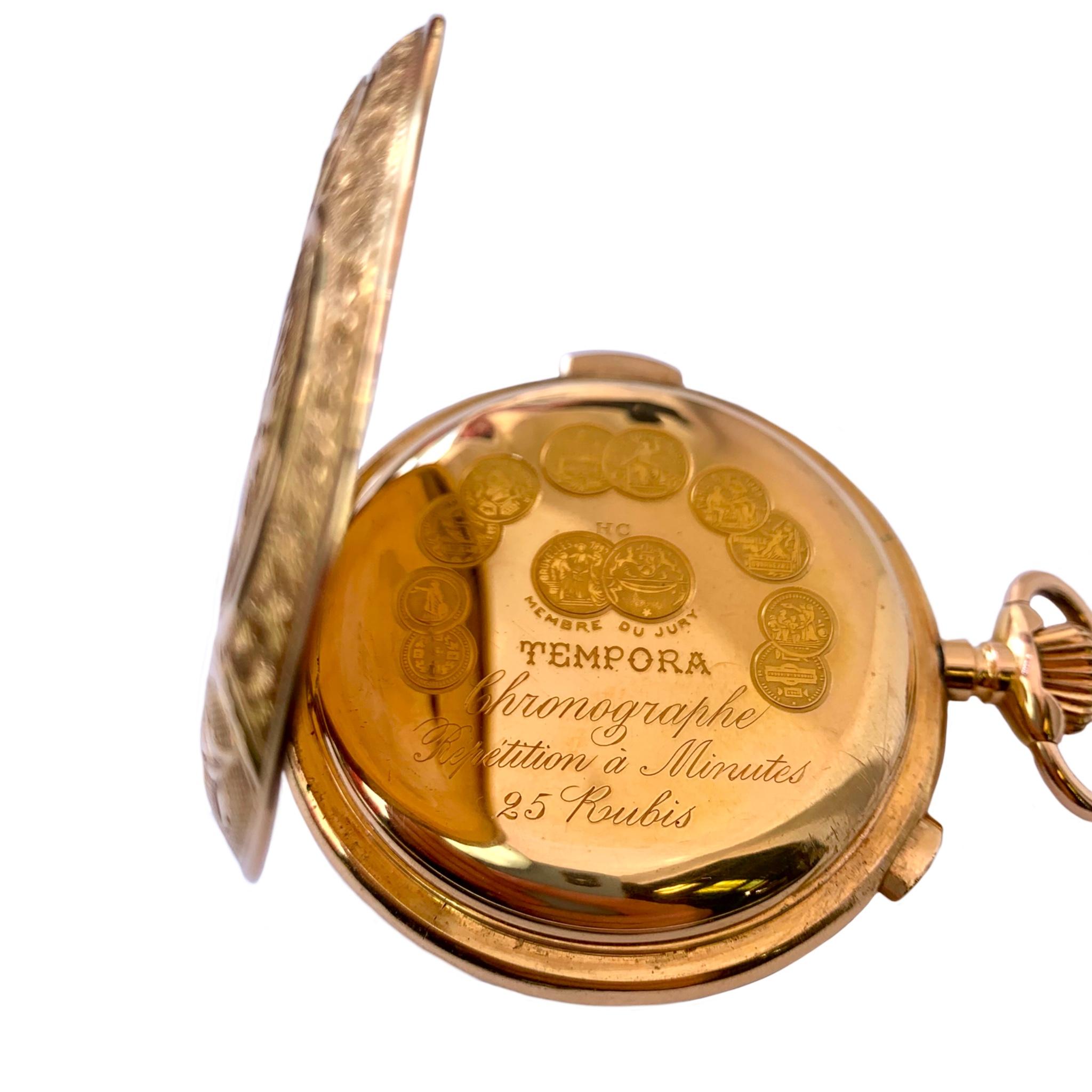 Tempora 18 Karat Yellow Gold Hunting Case Pocket Watch In Good Condition For Sale In Los Angeles, CA