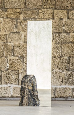 Sharp Rectangular Double Mirror with Irregular Black Stone by Andres Monnier