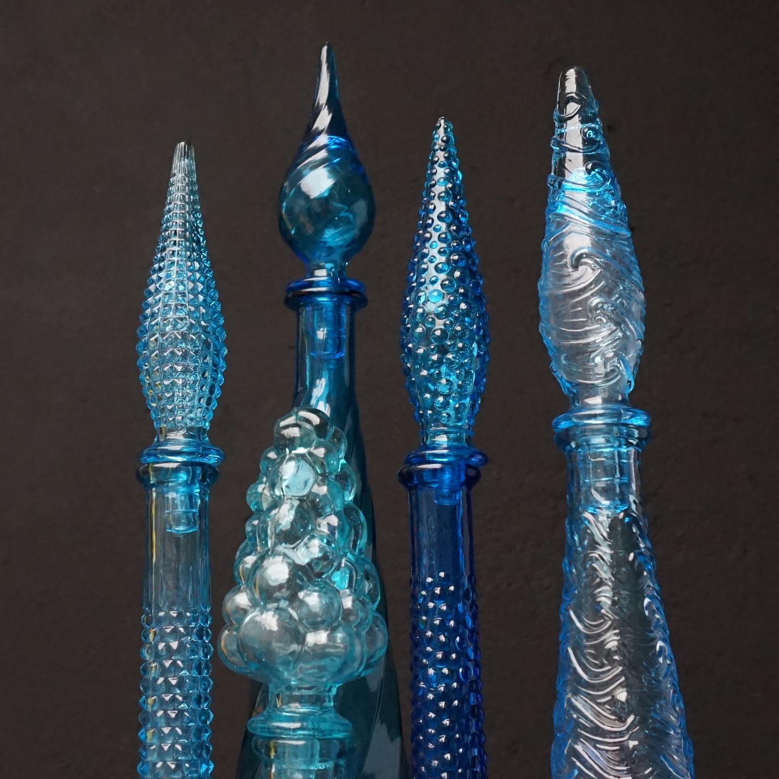 Ten MCM 1960s Blue Glass Italian Empoli Genie Bottles Decanters, Vases Candy Jar 2