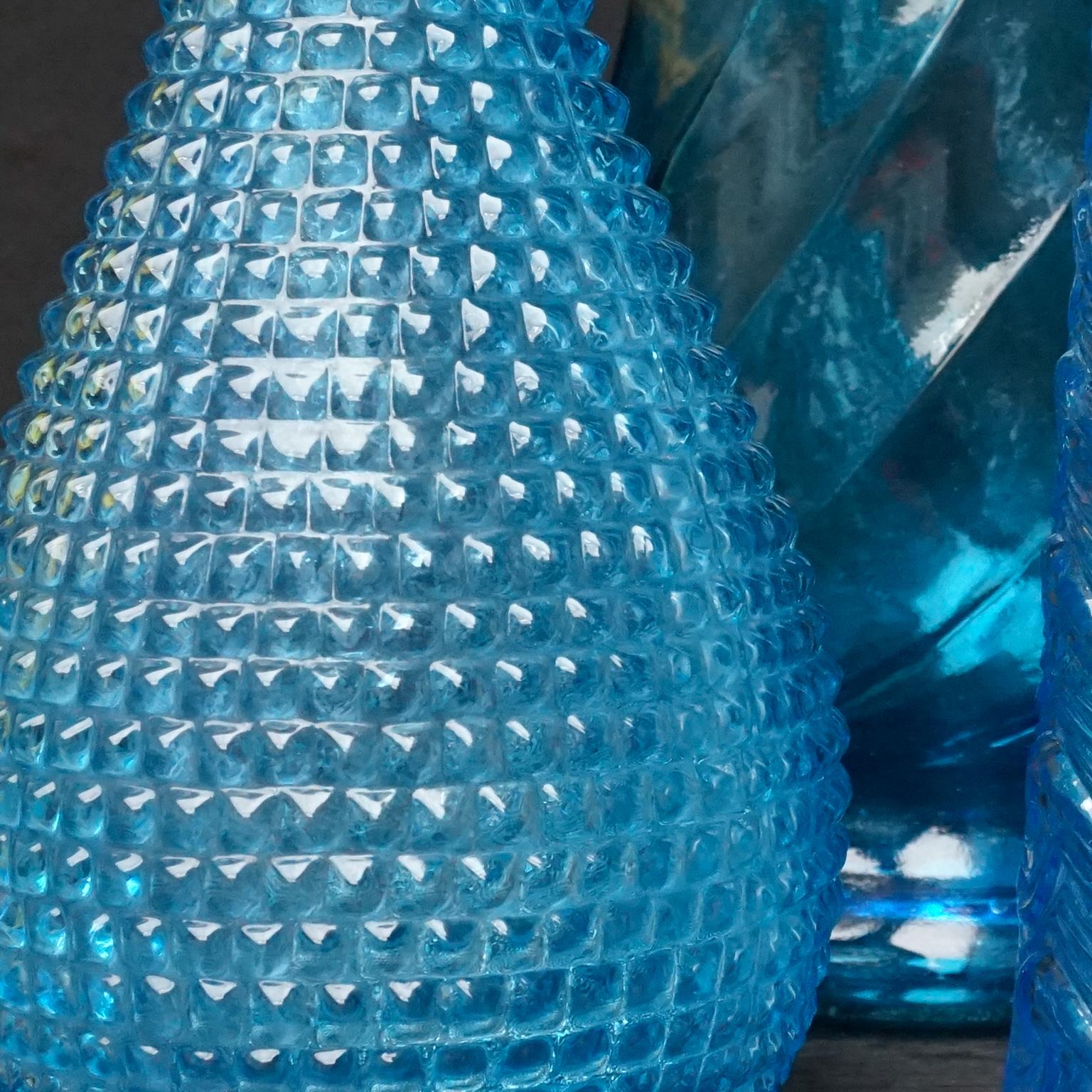 Ten MCM 1960s Blue Glass Italian Empoli Genie Bottles Decanters, Vases Candy Jar 4