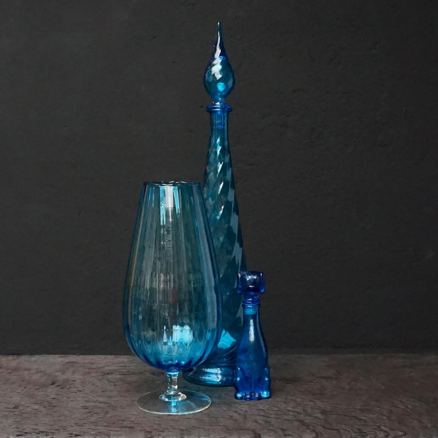 Ten MCM 1960s Blue Glass Italian Empoli Genie Bottles Decanters, Vases Candy Jar In Good Condition In Haarlem, NL