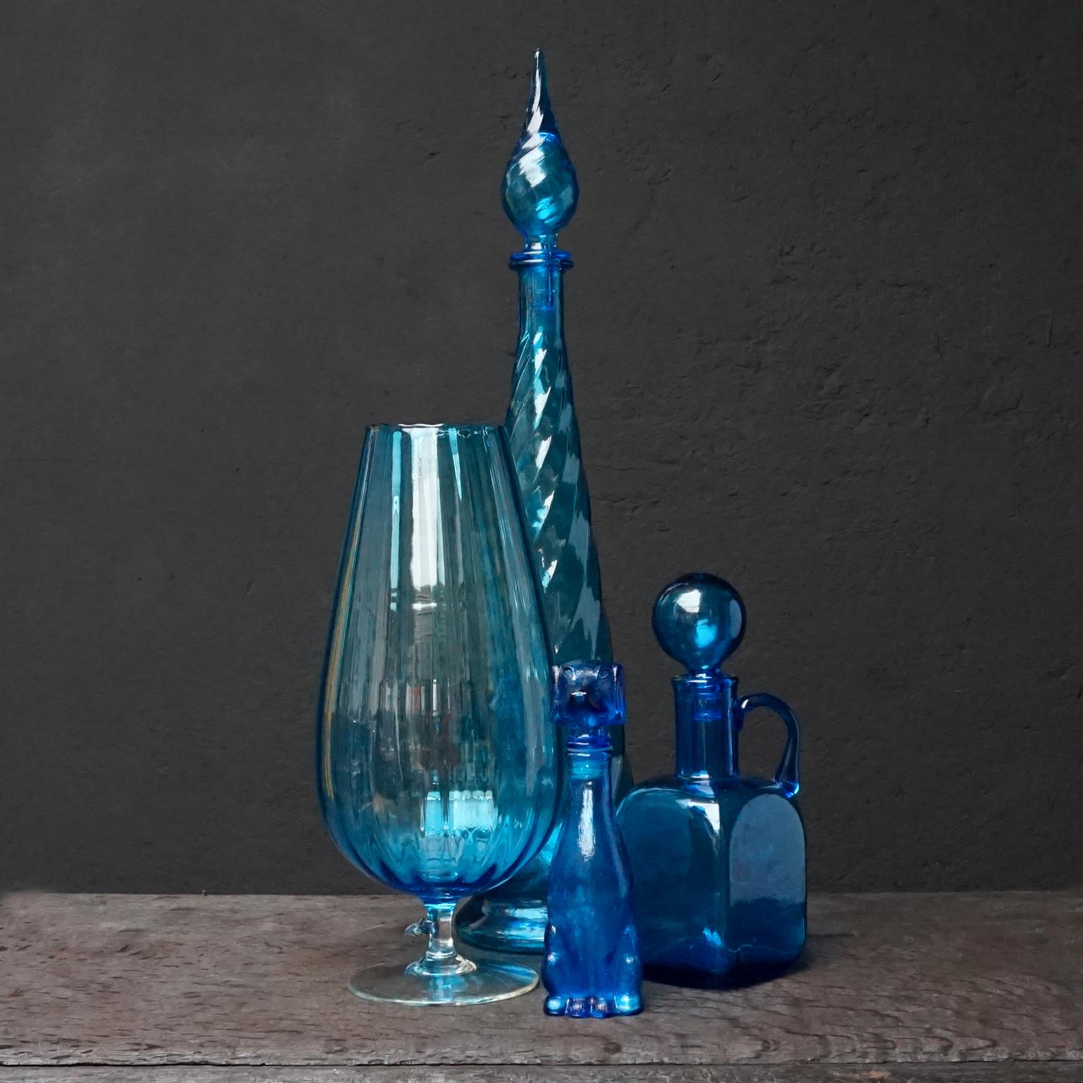 20th Century Ten MCM 1960s Blue Glass Italian Empoli Genie Bottles Decanters, Vases Candy Jar