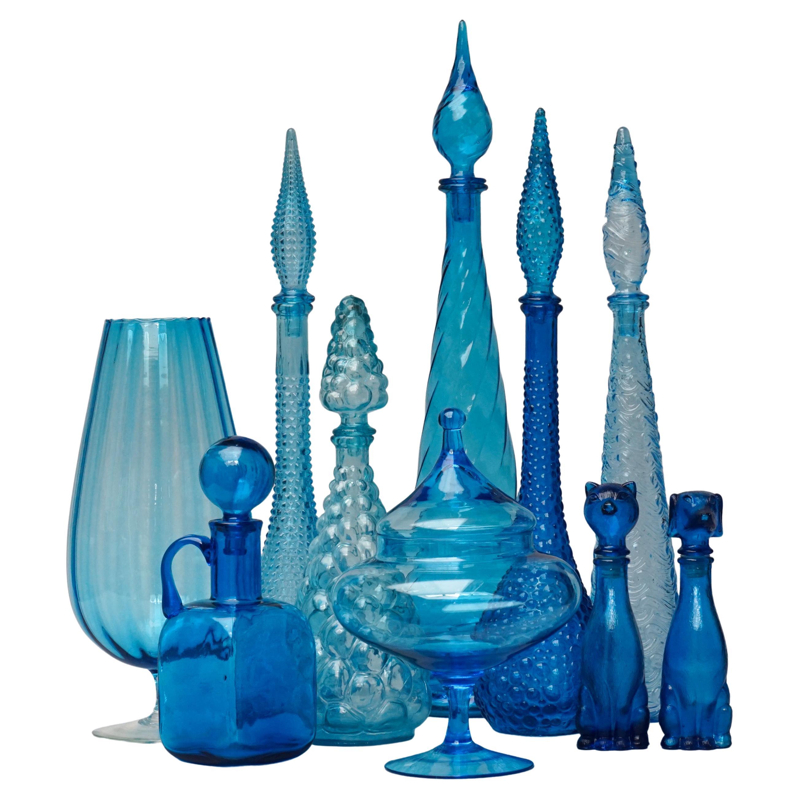 Ten MCM 1960s Blue Glass Italian Empoli Genie Bottles Decanters, Vases Candy Jar
