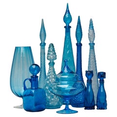 Retro Ten MCM 1960s Blue Glass Italian Empoli Genie Bottles Decanters, Vases Candy Jar