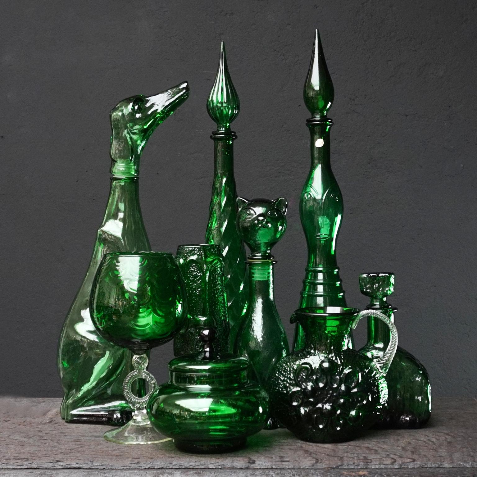 Ten 1960s Italian Empoli MCM Green Glass Vases Decanters Goblet and Candy Jar 1