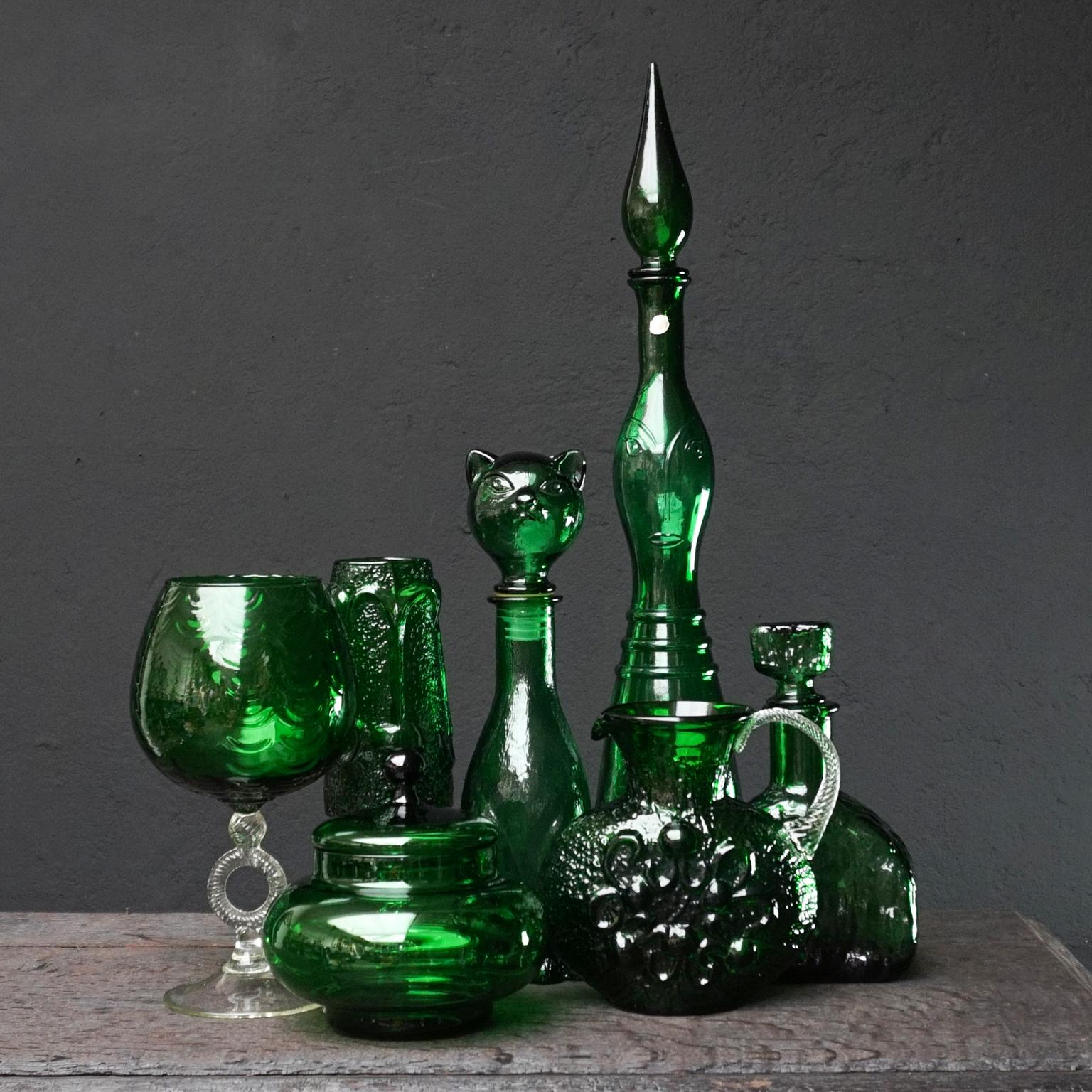Ten 1960s Italian Empoli MCM Green Glass Vases Decanters Goblet and Candy Jar 2