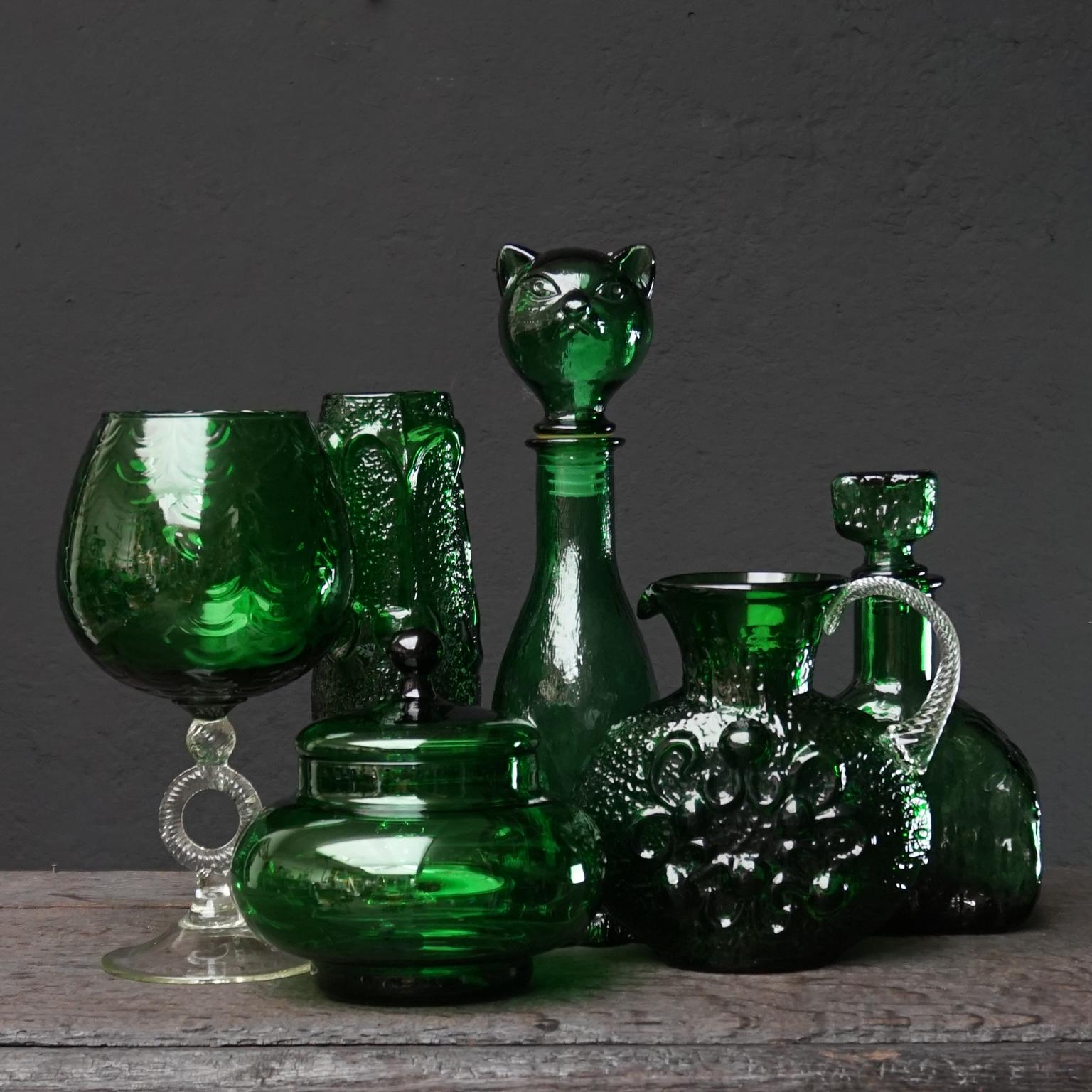 Ten 1960s Italian Empoli MCM Green Glass Vases Decanters Goblet and Candy Jar 3