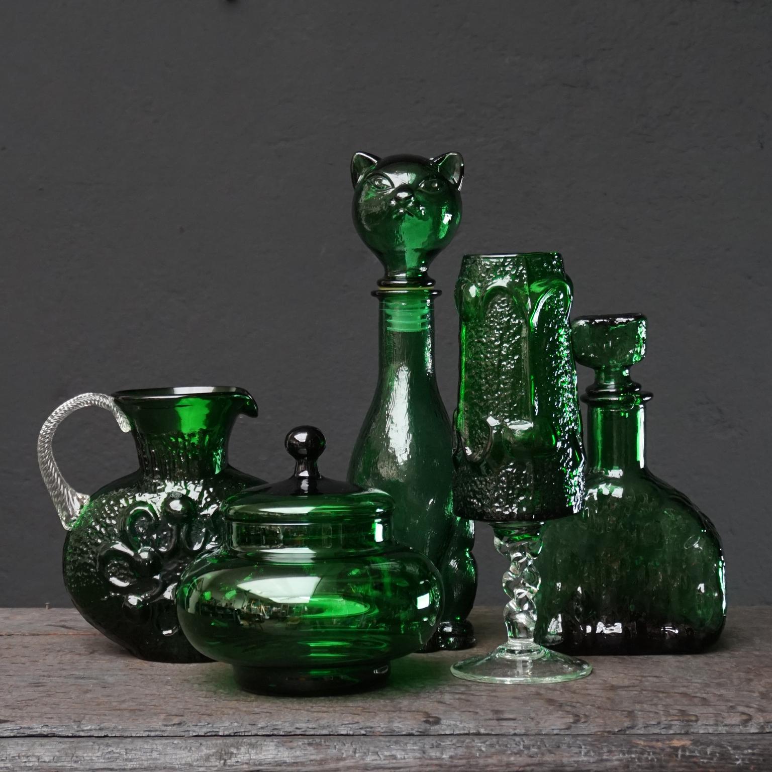 Ten 1960s Italian Empoli MCM Green Glass Vases Decanters Goblet and Candy Jar 4