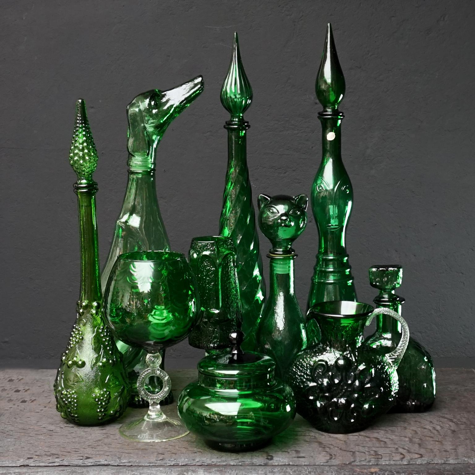 Ten 1960s Italian Empoli MCM Green Glass Vases Decanters Goblet and Candy Jar 5
