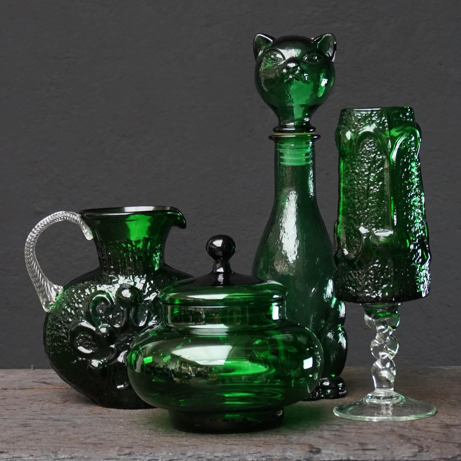 Ten 1960s Italian Empoli MCM Green Glass Vases Decanters Goblet and Candy Jar 6
