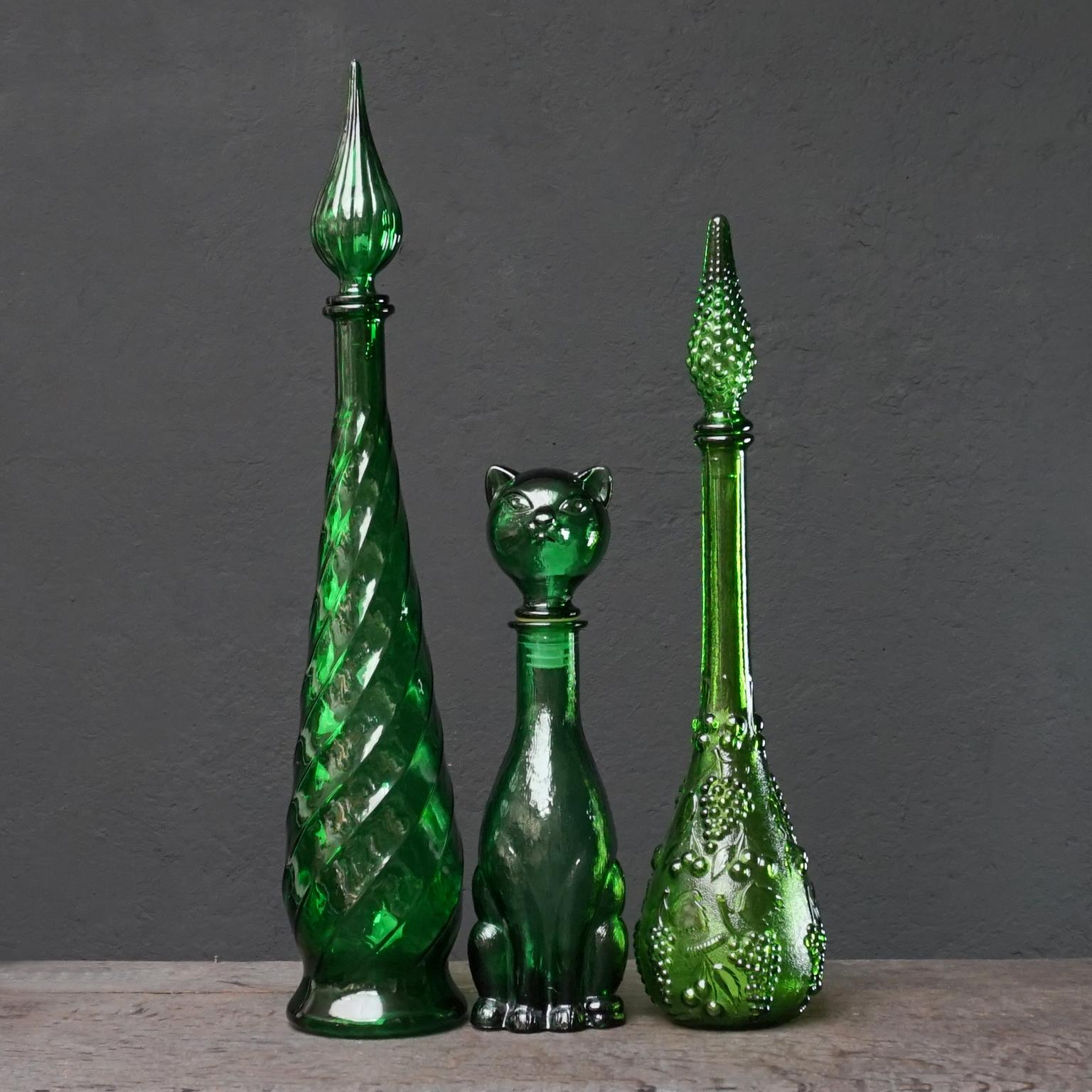 Mid-Century Modern Ten 1960s Italian Empoli MCM Green Glass Vases Decanters Goblet and Candy Jar