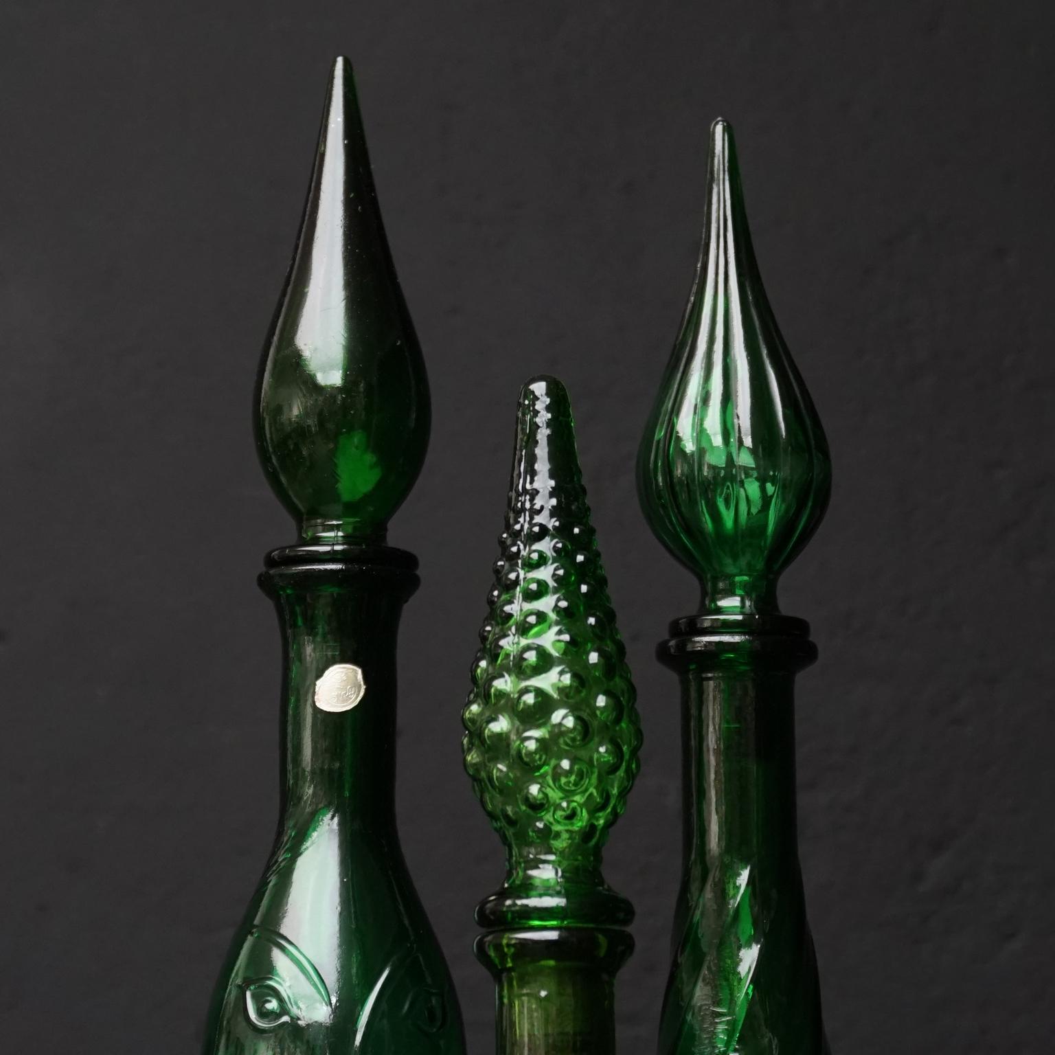 Pressed Ten 1960s Italian Empoli MCM Green Glass Vases Decanters Goblet and Candy Jar