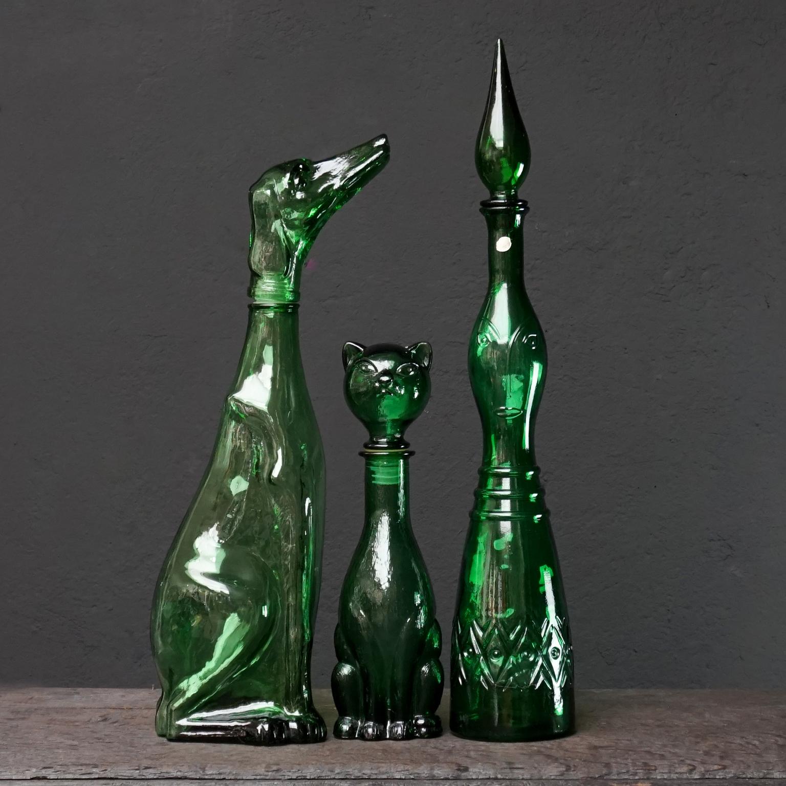 20th Century Ten 1960s Italian Empoli MCM Green Glass Vases Decanters Goblet and Candy Jar