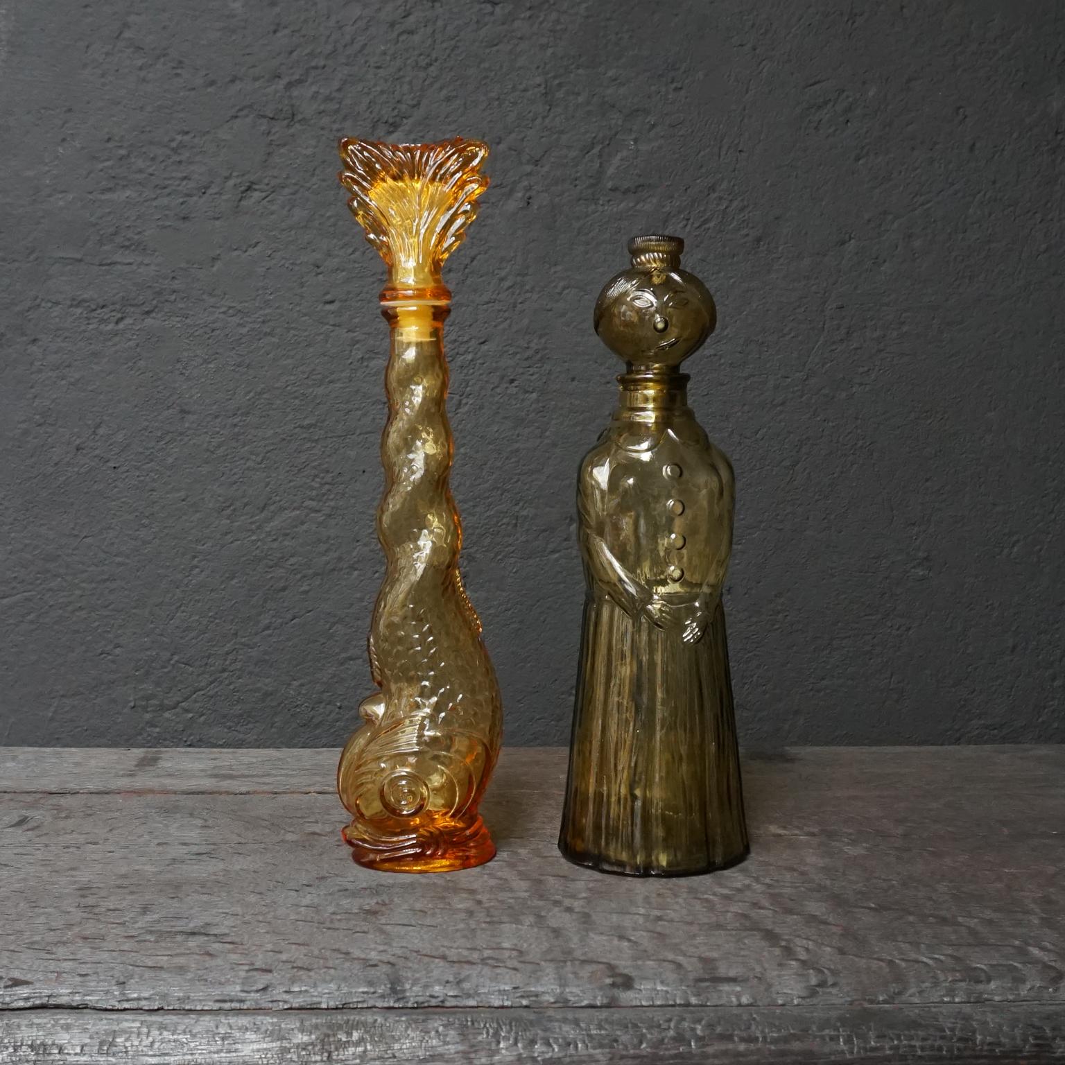 Ten 1960s Vintage Italian Amber Glass Empoli 'Genie' Decanters Liquor Bottles 1