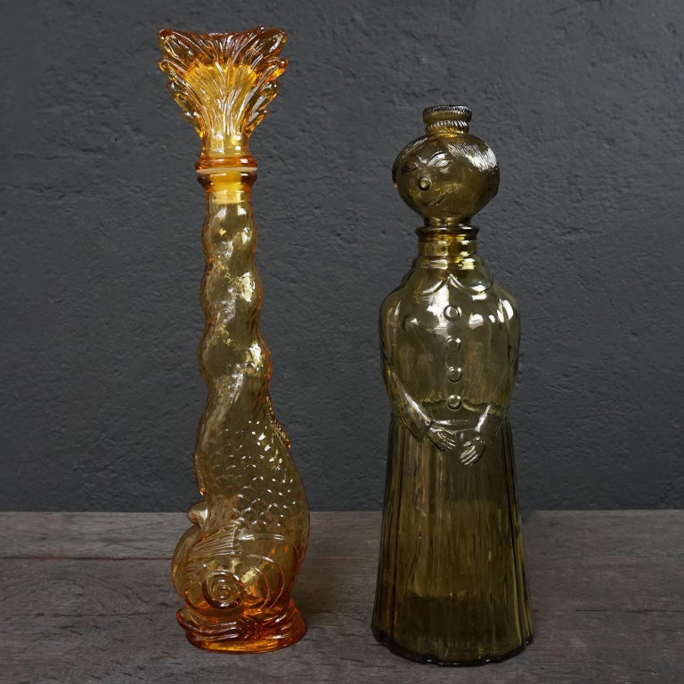 Ten 1960s Vintage Italian Amber Glass Empoli 'Genie' Decanters Liquor