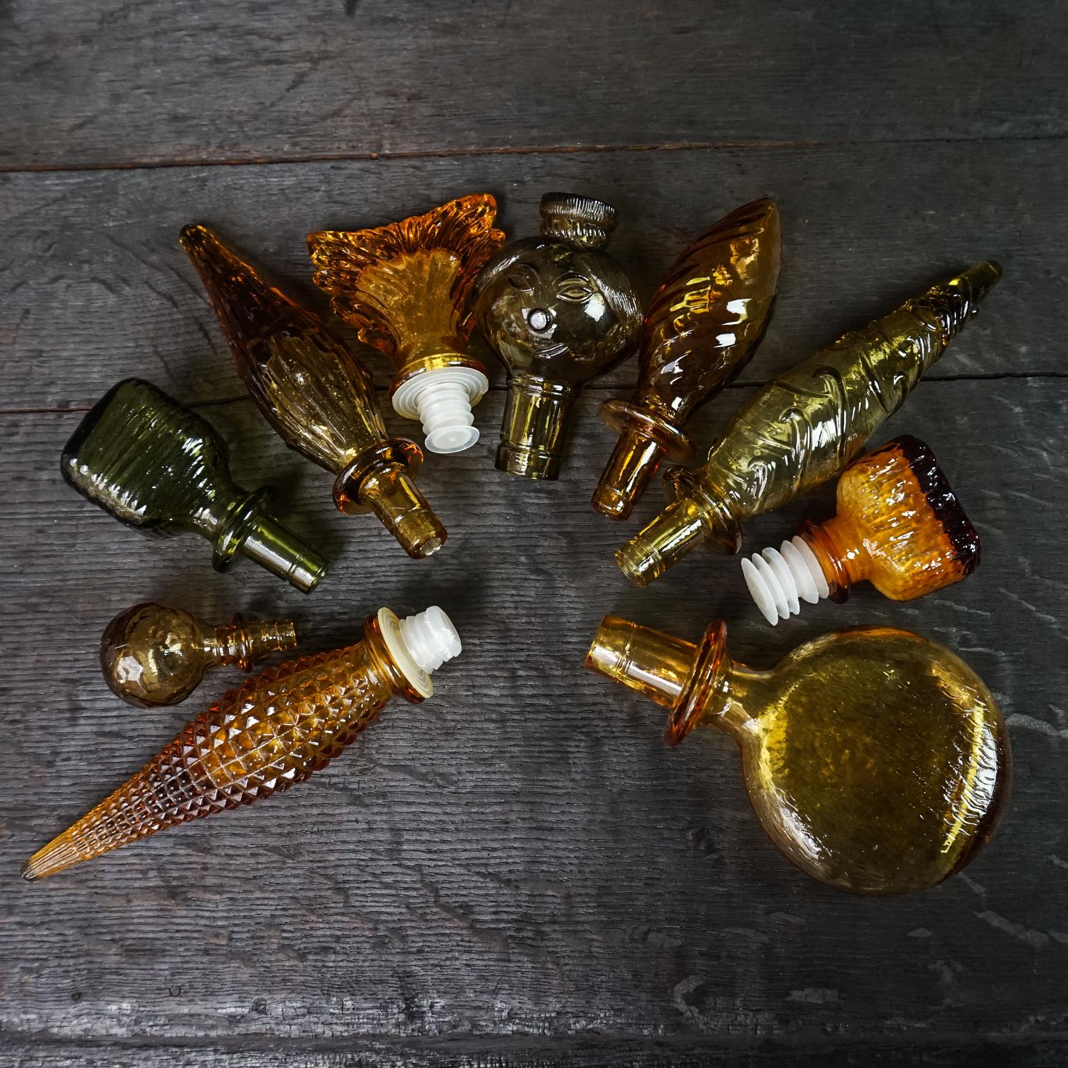 Ten 1960s Vintage Italian Amber Glass Empoli 'Genie' Decanters Liquor Bottles 3