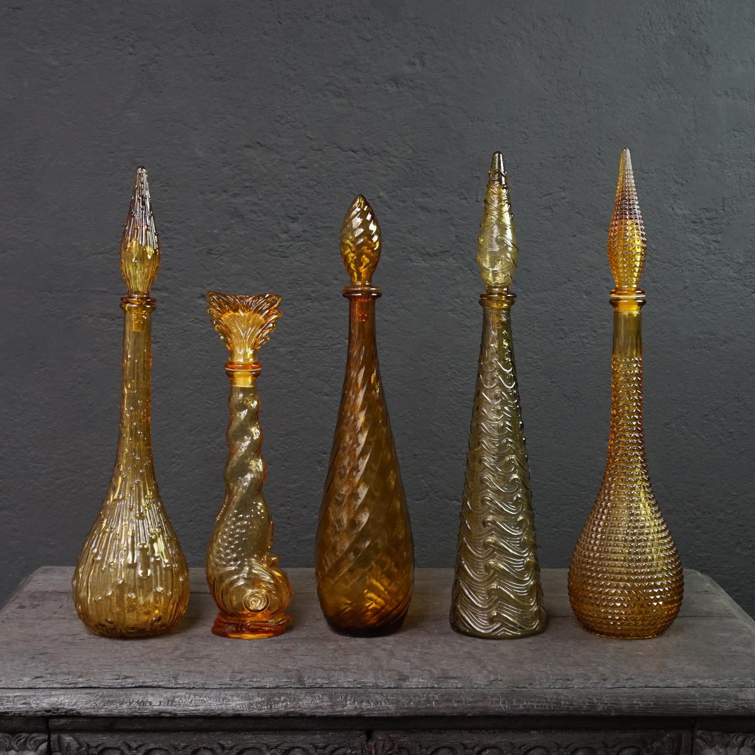 Mid-Century Modern Ten 1960s Vintage Italian Amber Glass Empoli 'Genie' Decanters Liquor Bottles