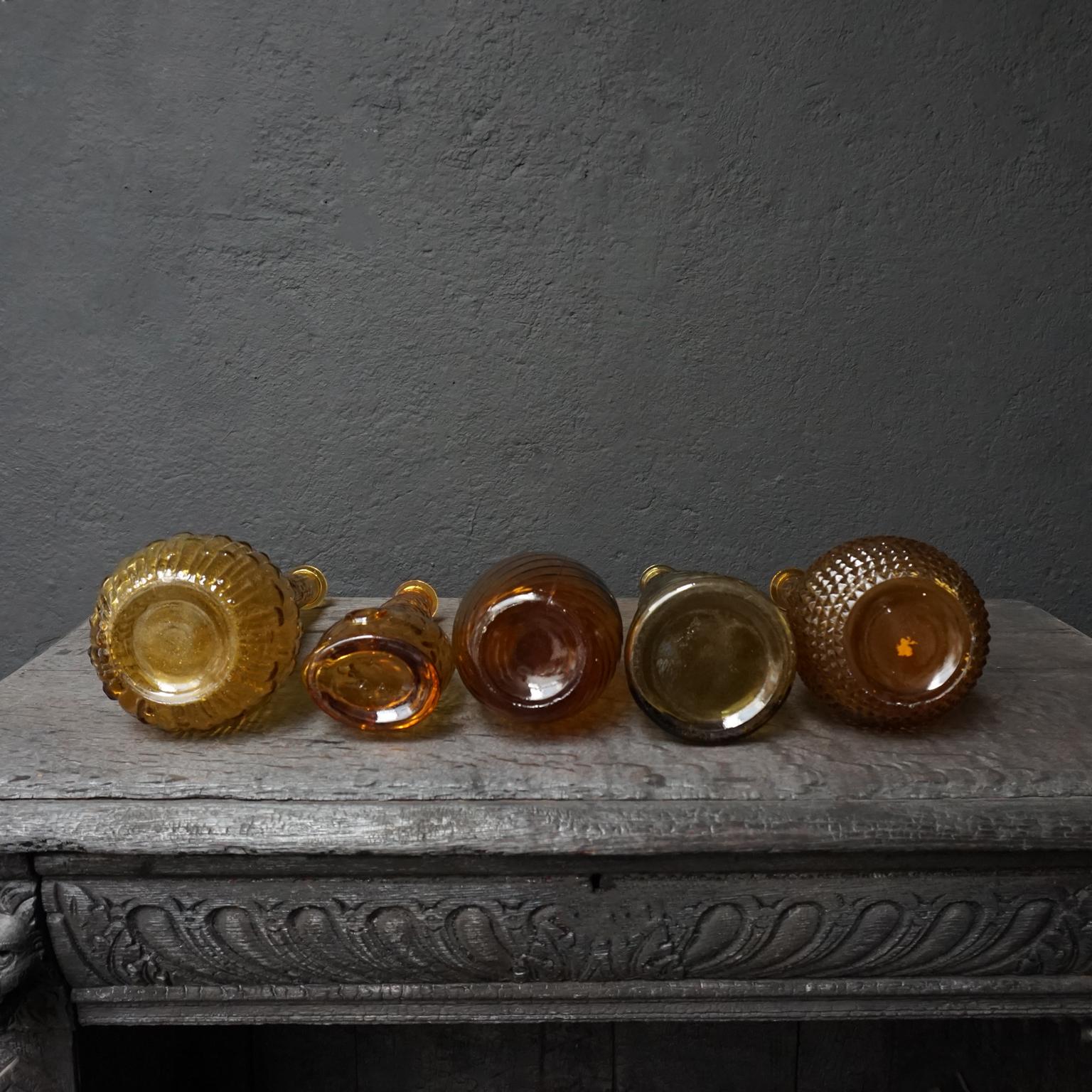 Pressed Ten 1960s Vintage Italian Amber Glass Empoli 'Genie' Decanters Liquor Bottles