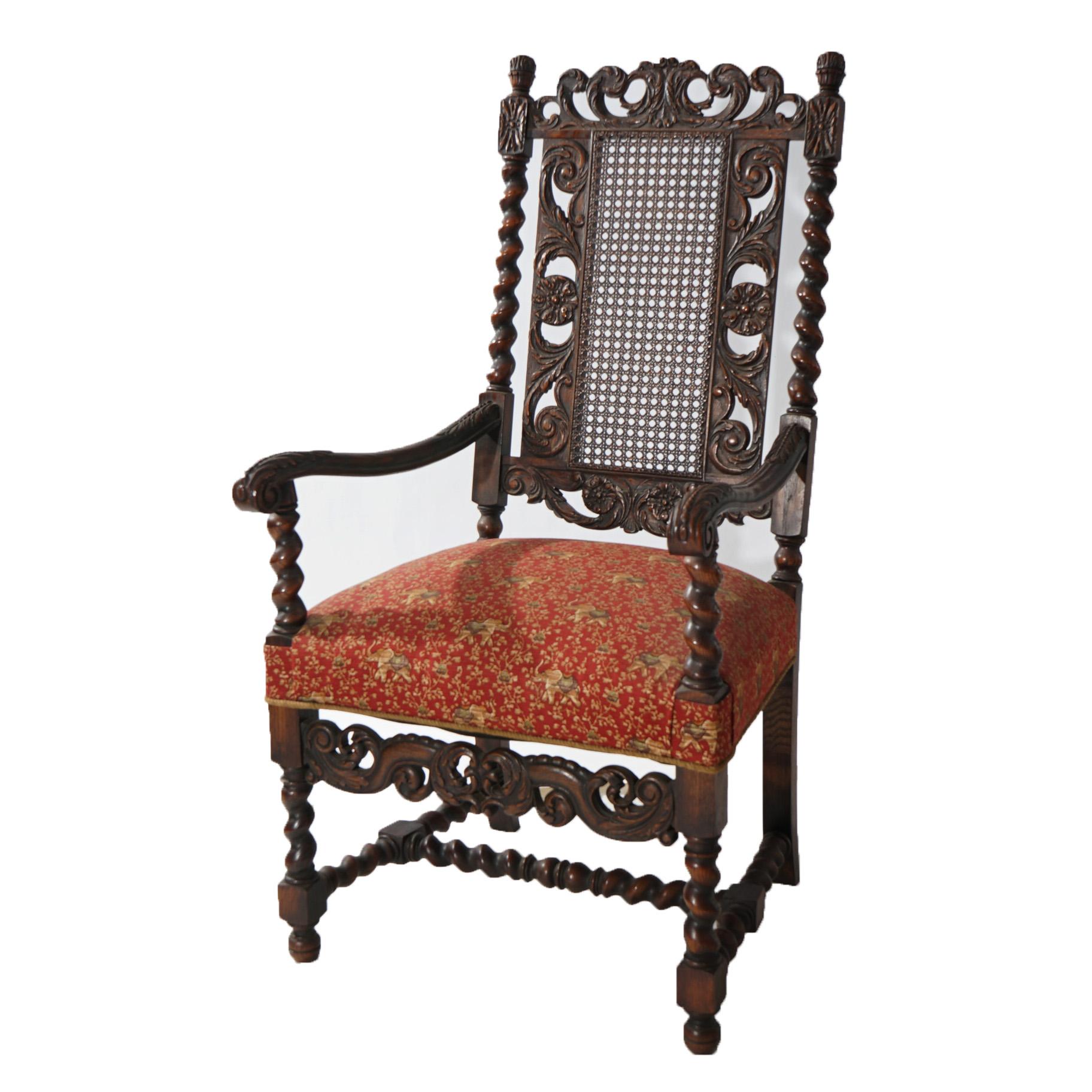 ***Ask About Reduced In-House Delivery Rates - Reliable Professional Service & Fully Insured***
An antique set of ten Elizabethan Jacobean style dining chairs offer oak construction with foliate carved frames having caned backs, upholstered seats