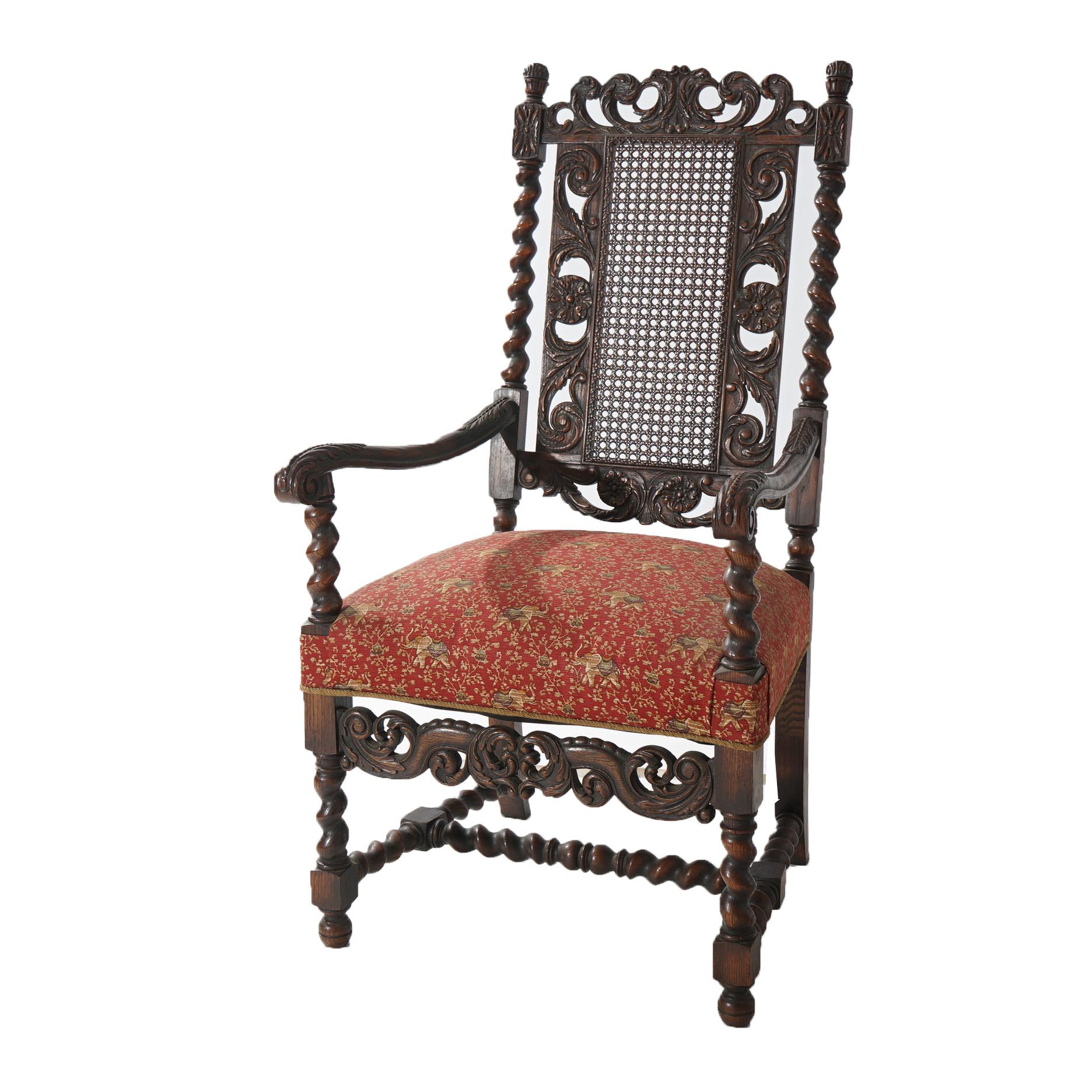 Élisabéthain Dix chaises anciennes de style élisabéthain et jacobéen en chêne sculpté et à dossier en canne, C1900 en vente
