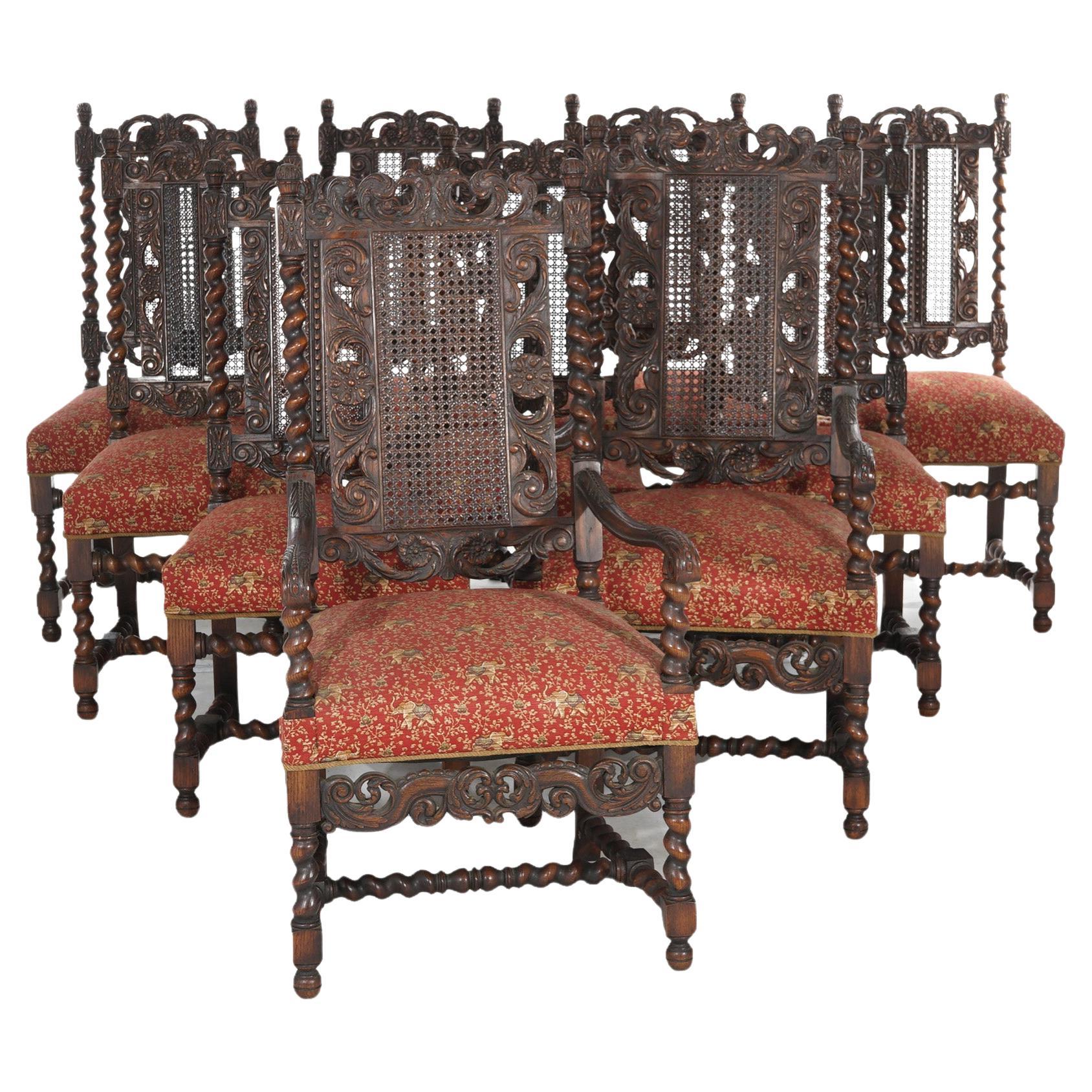 Dix chaises anciennes de style élisabéthain et jacobéen en chêne sculpté et à dossier en canne, C1900 en vente
