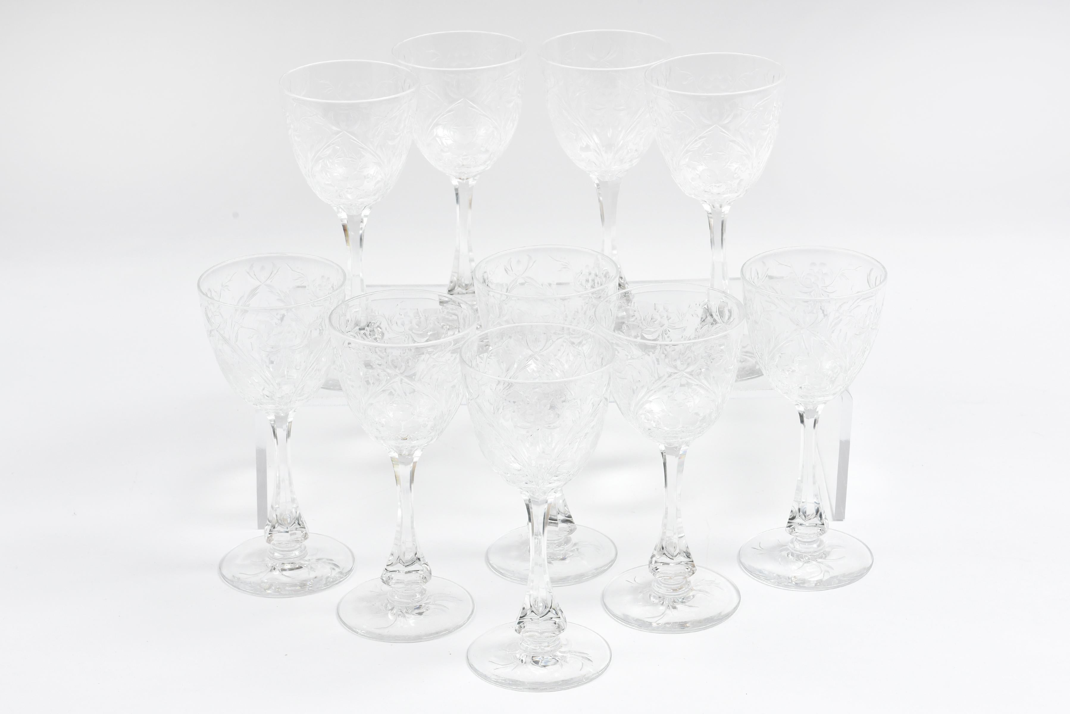Wonderful crisp clear crystal set of 10 goblets with a hand engraved floral design. Elegant stem which feels so nice in your hands. Well balanced and perfect to mix and match in with all your fine tabletop.