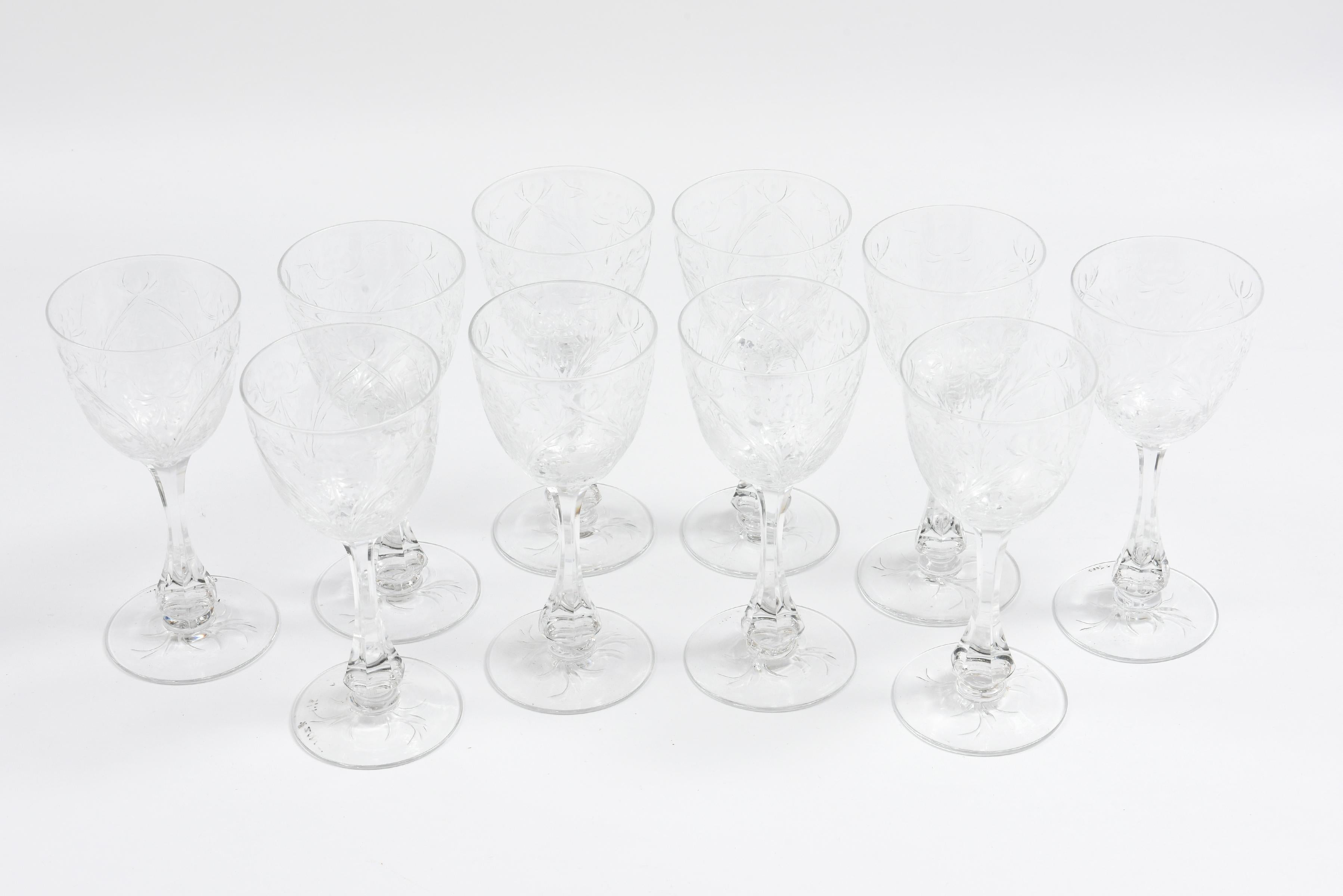 Hand-Crafted Ten Antique English Wine Glasses with Fully Cut Stem and Intaglio Floral Design