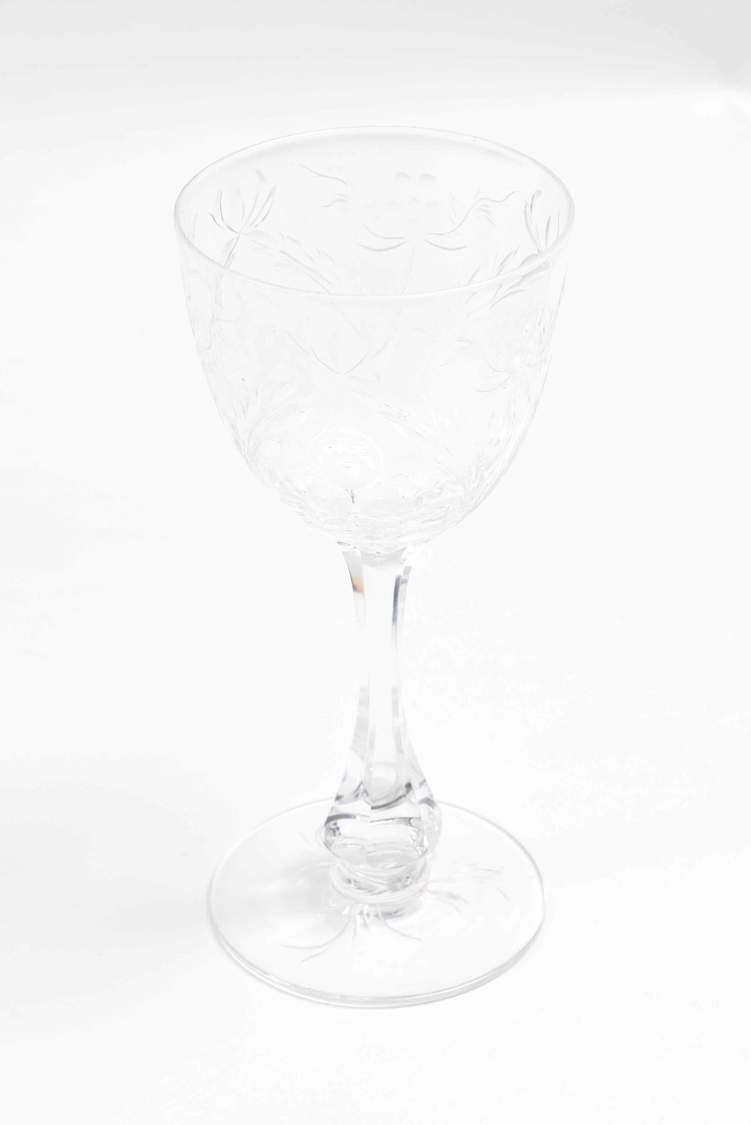 Ten Antique English Wine Glasses with Fully Cut Stem and Intaglio Floral Design In Good Condition In West Palm Beach, FL