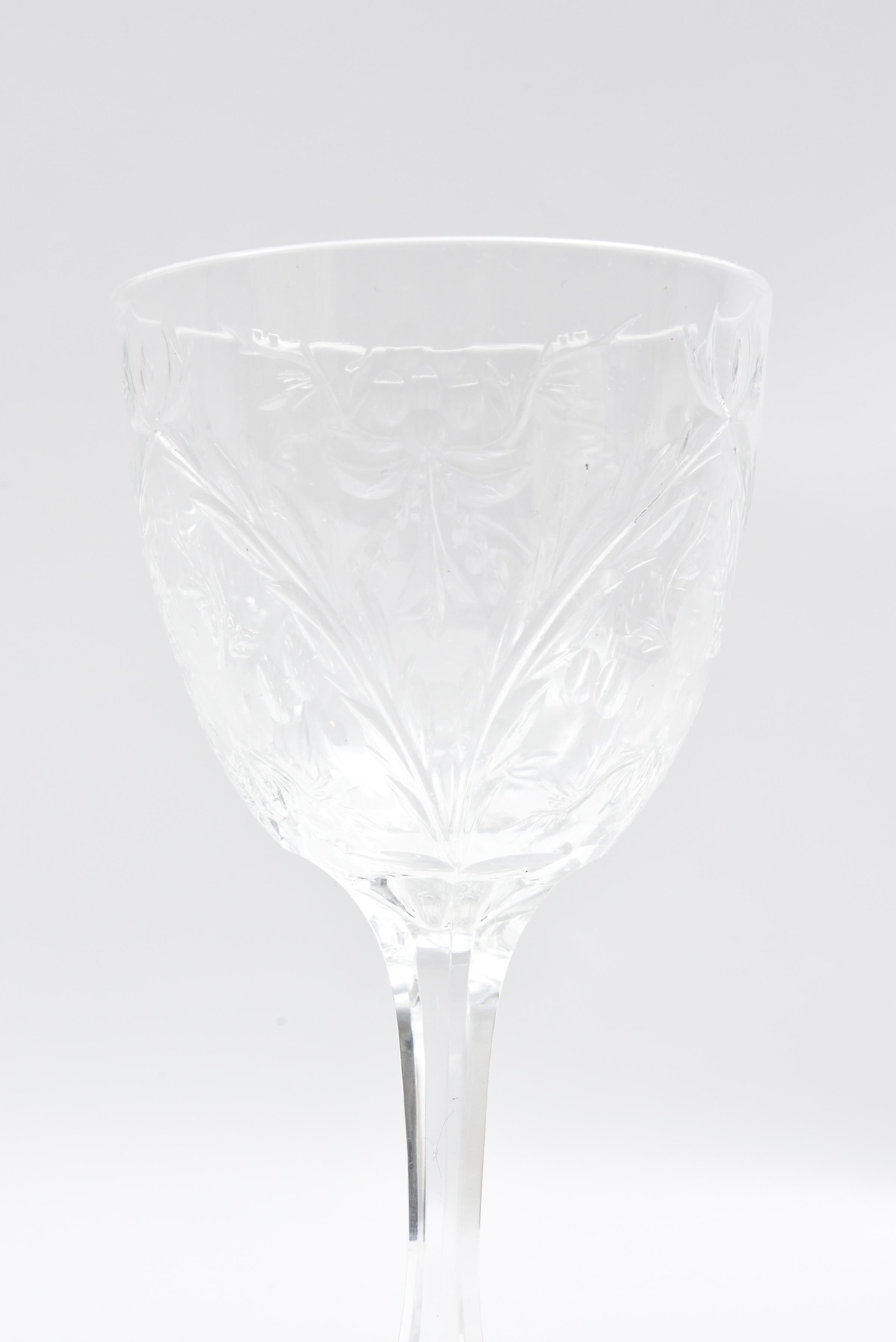 Mid-20th Century Ten Antique English Wine Glasses with Fully Cut Stem and Intaglio Floral Design