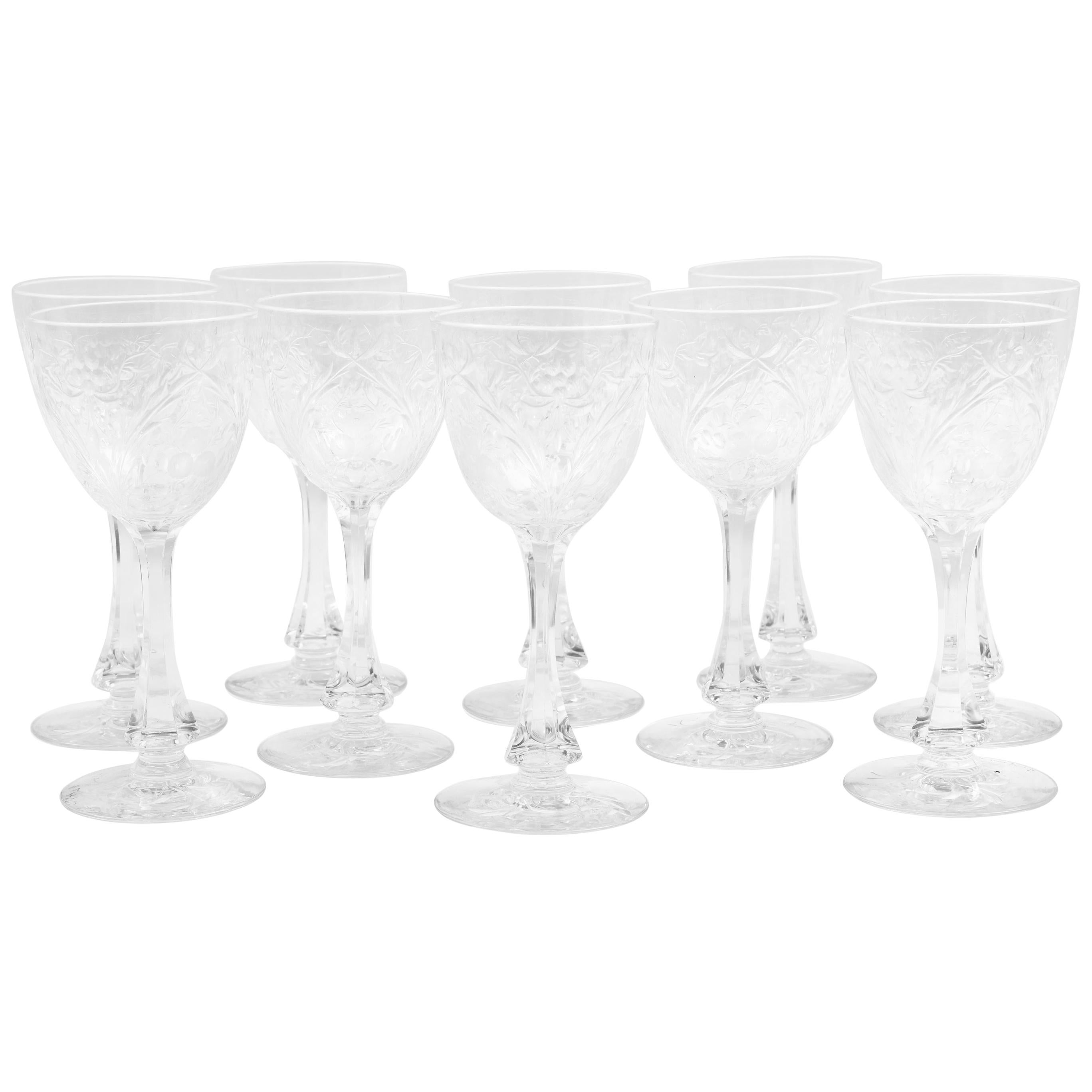 Ten Antique English Wine Glasses with Fully Cut Stem and Intaglio Floral Design