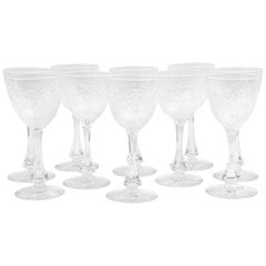 Ten Antique English Wine Glasses with Fully Cut Stem and Intaglio Floral Design