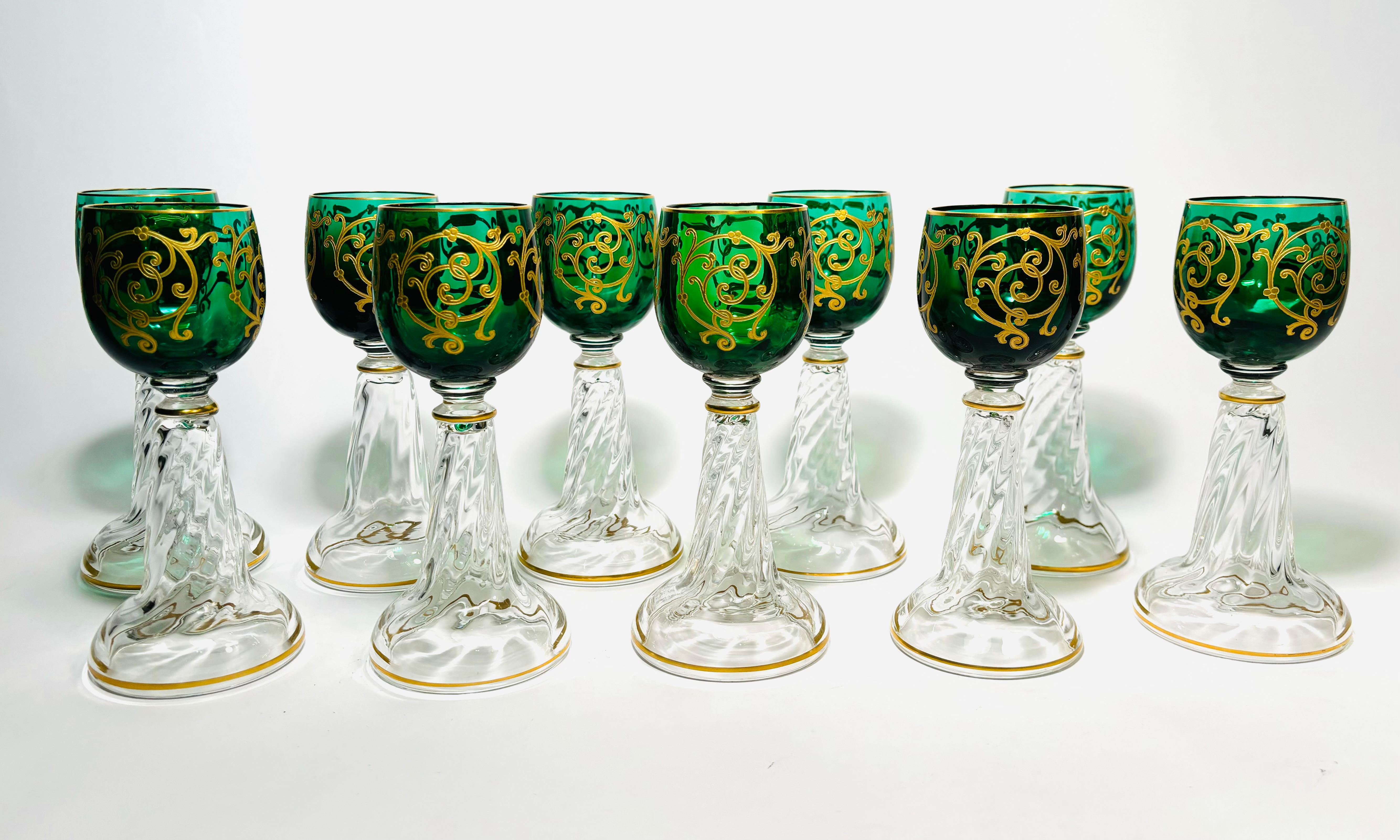 Ten Antique French Green Raised Gold Wine Glasses, circa 1890 For Sale 4