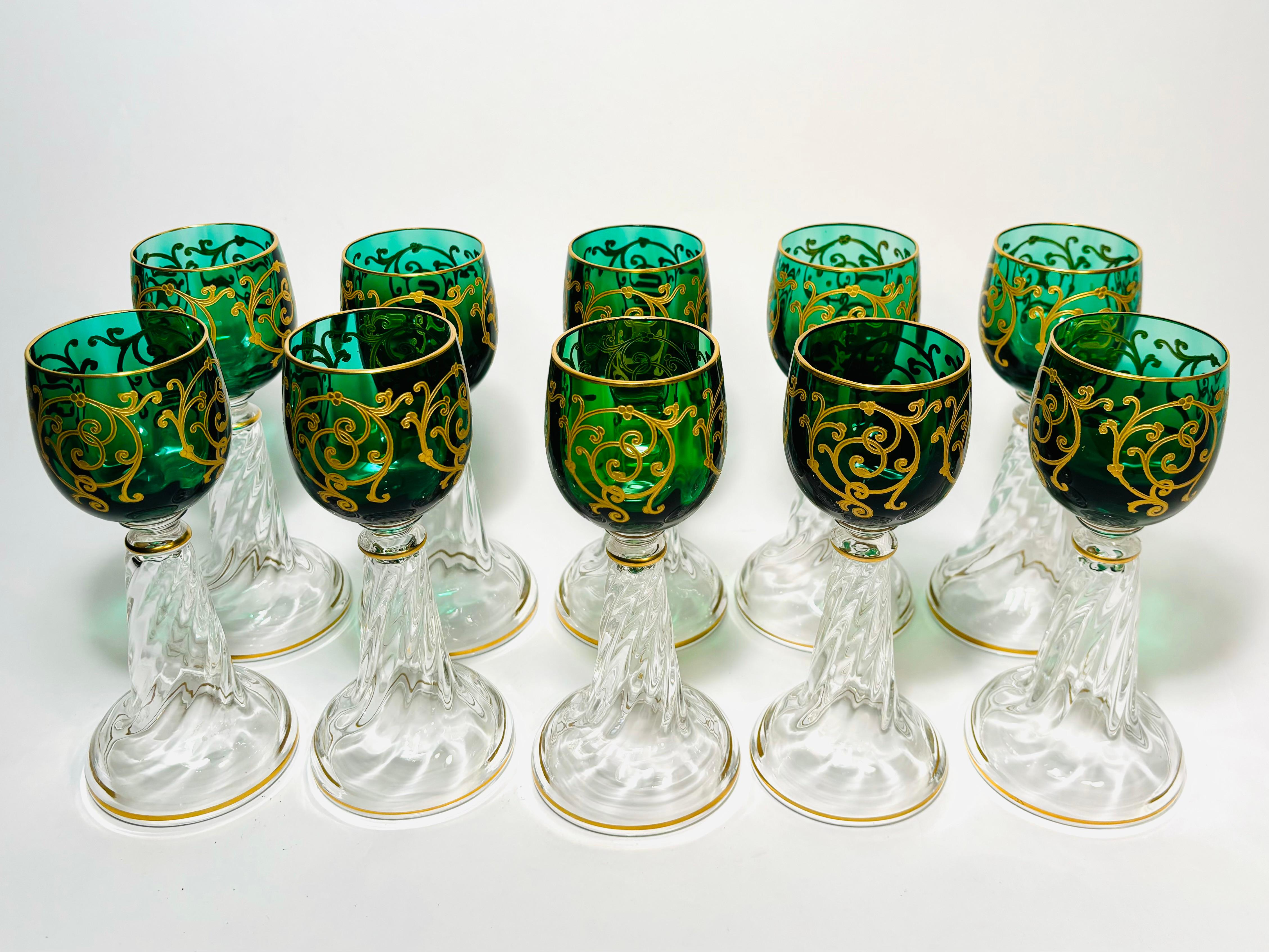Ten Antique French Green Raised Gold Wine Glasses, circa 1890 For Sale 3