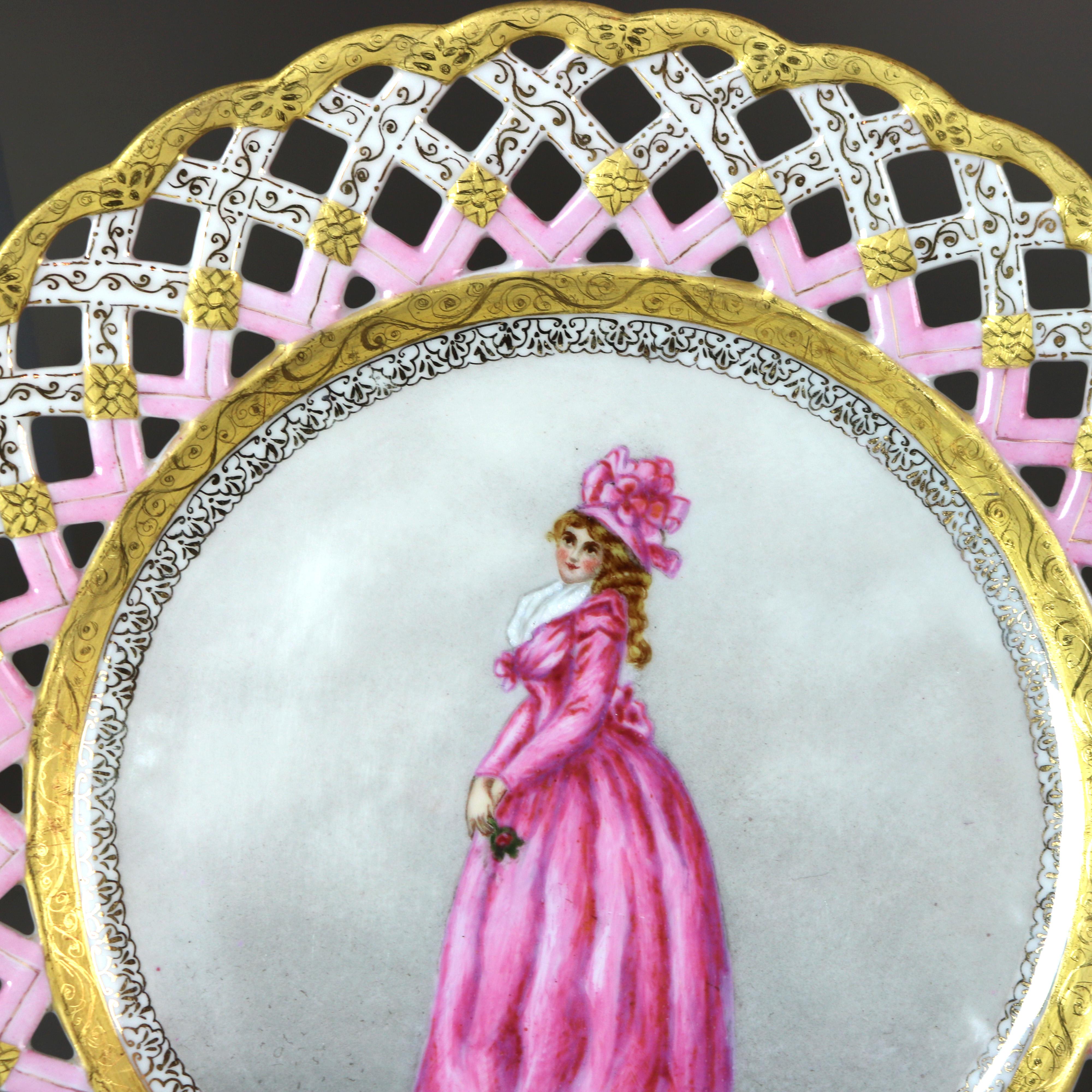 Ten Antique French Hand Painted Porcelain Portrait Plates with Victorian Women & Reticulated Rims 19thC

Measures - 8.25
