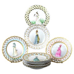 Ten Antique French Hand Painted Porcelain Portrait Plates with Women 19thC