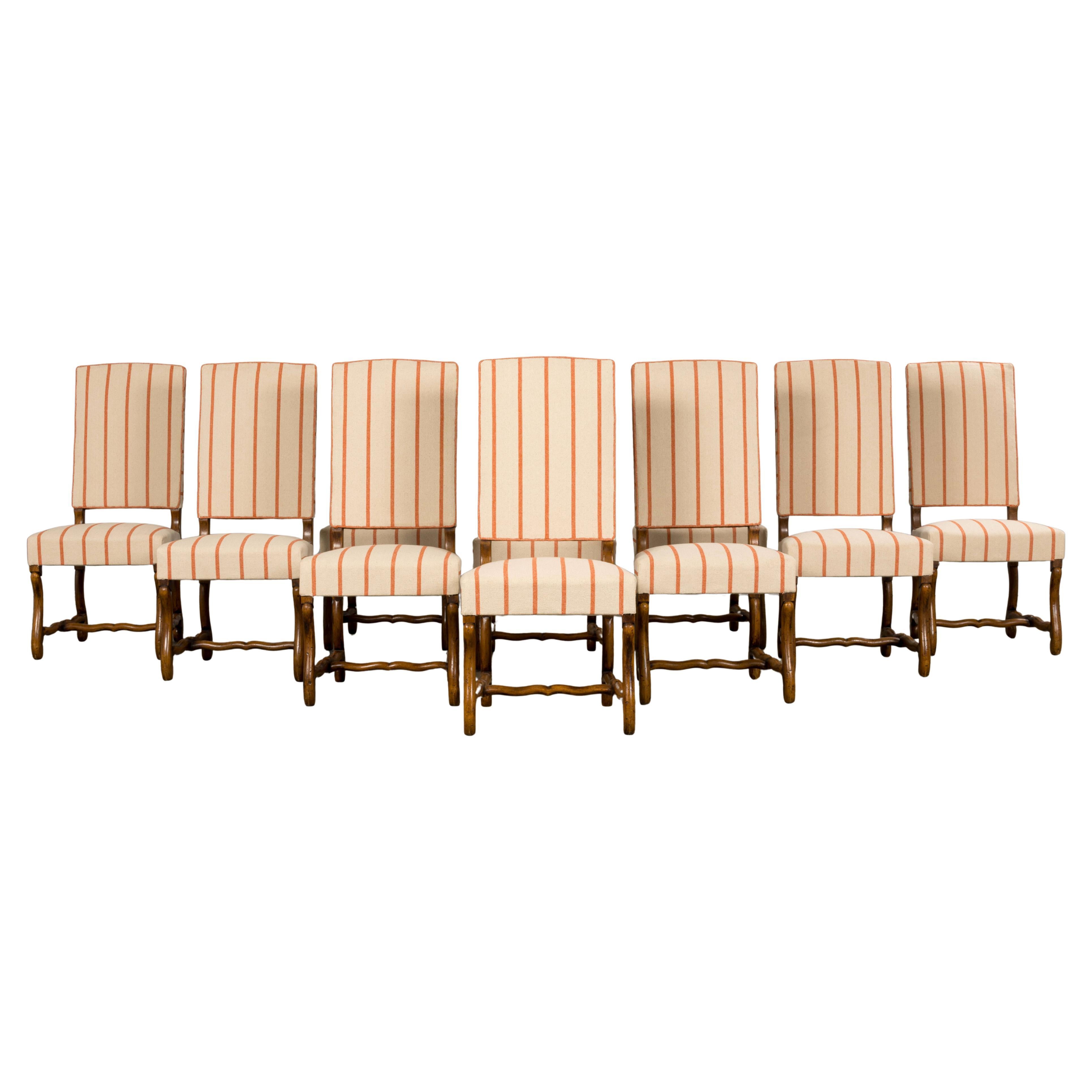 Ten Antique French Louis XIII Os De Mouton Oak Dining Chairs in Coral Stripe