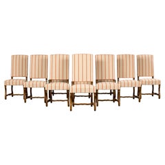 Ten Antique French Louis XIII Os De Mouton Oak Dining Chairs in Coral Stripe